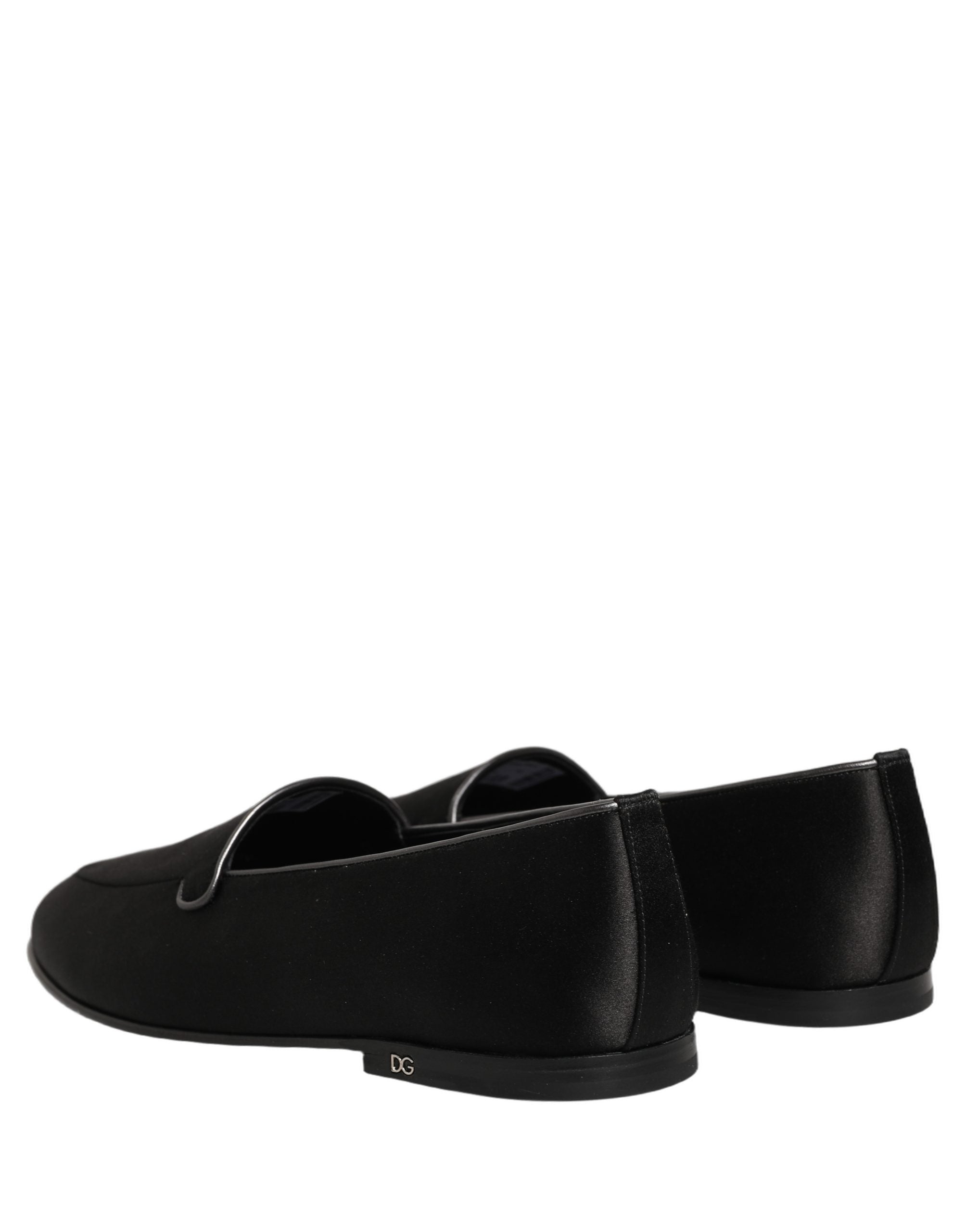 Dolce & Gabbana Black Satin Logo Slip On Flats Loafers Shoes