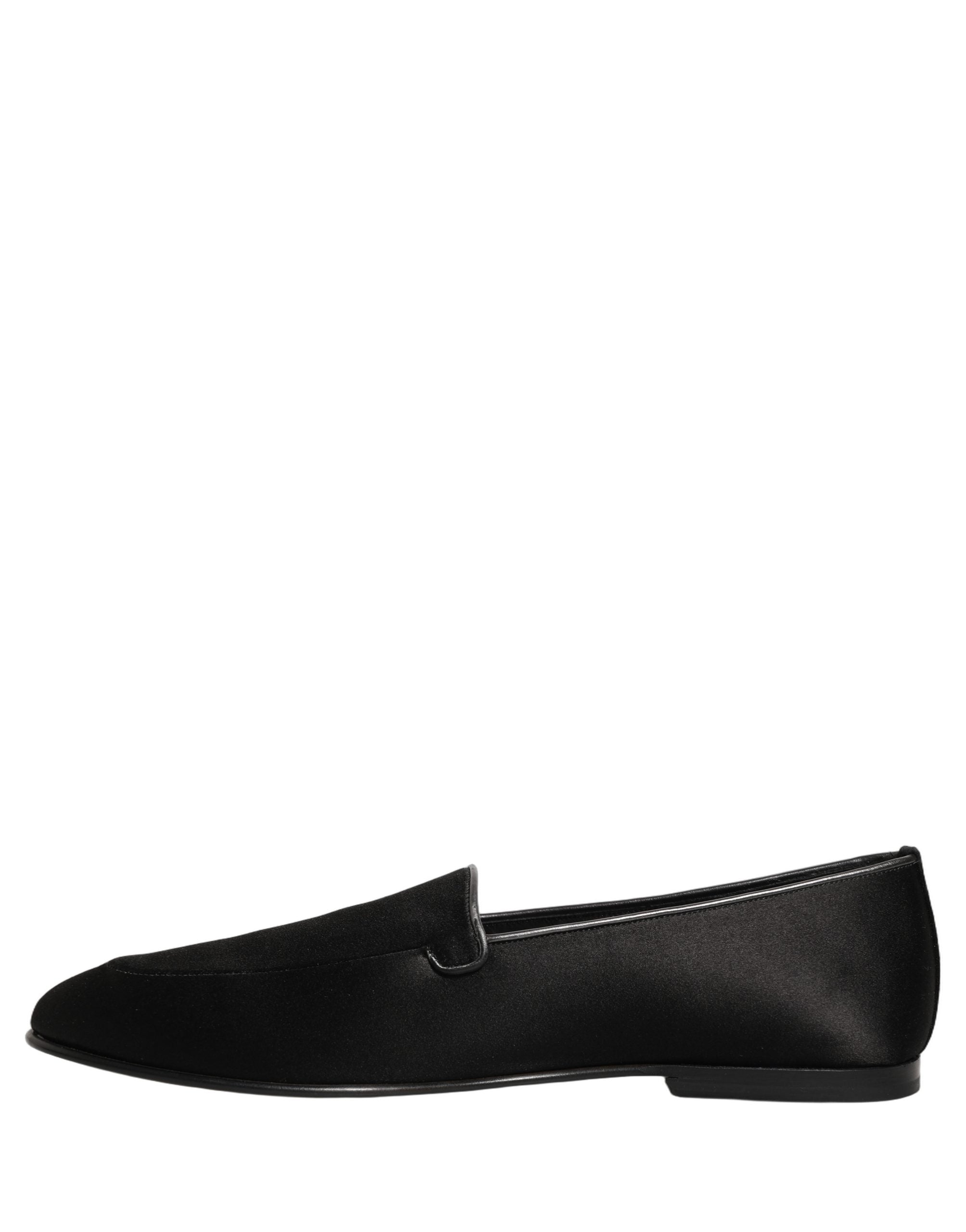Dolce & Gabbana Black Satin Logo Slip On Flats Loafers Shoes