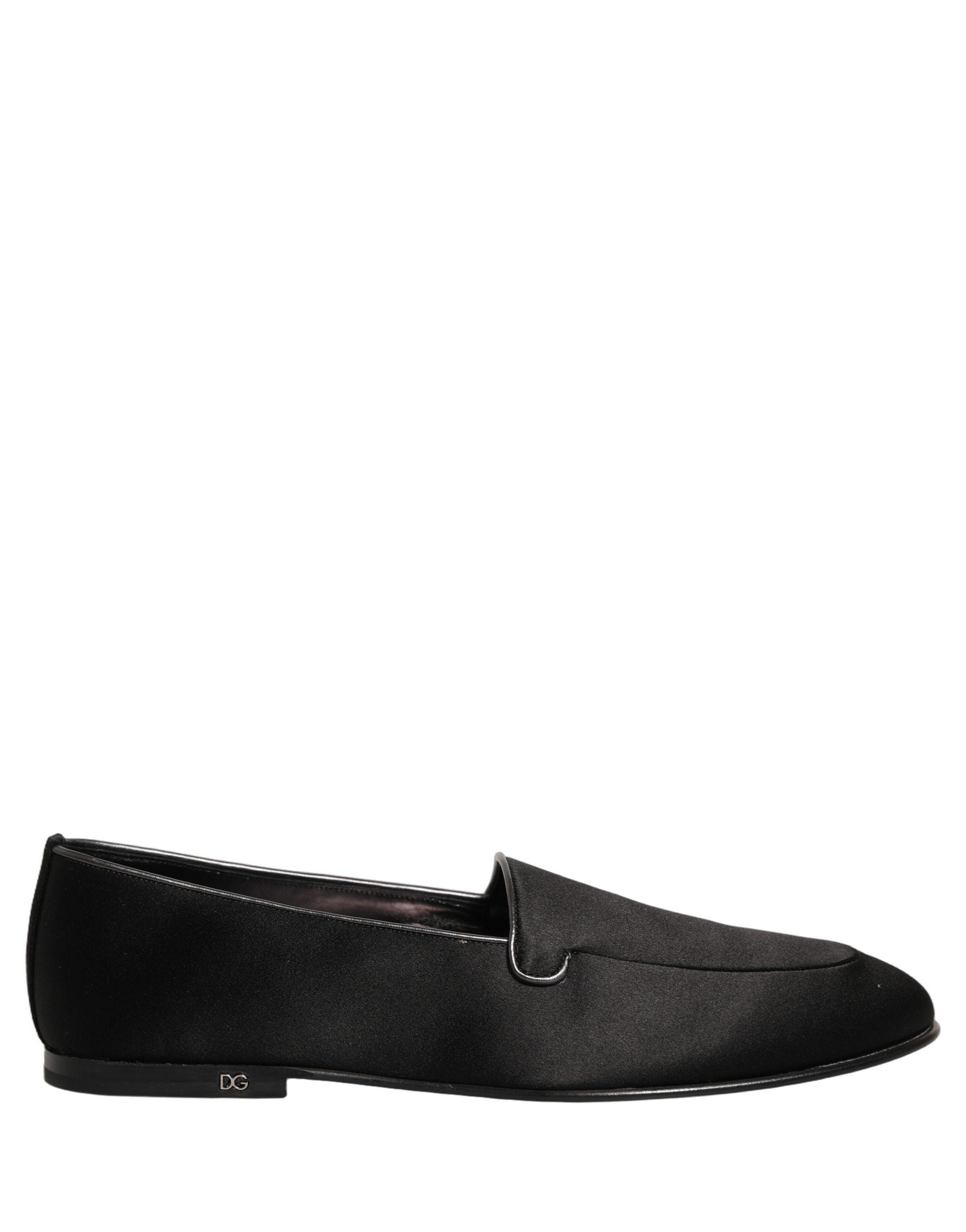 Dolce & Gabbana Black Satin Logo Slip On Flats Loafers Shoes