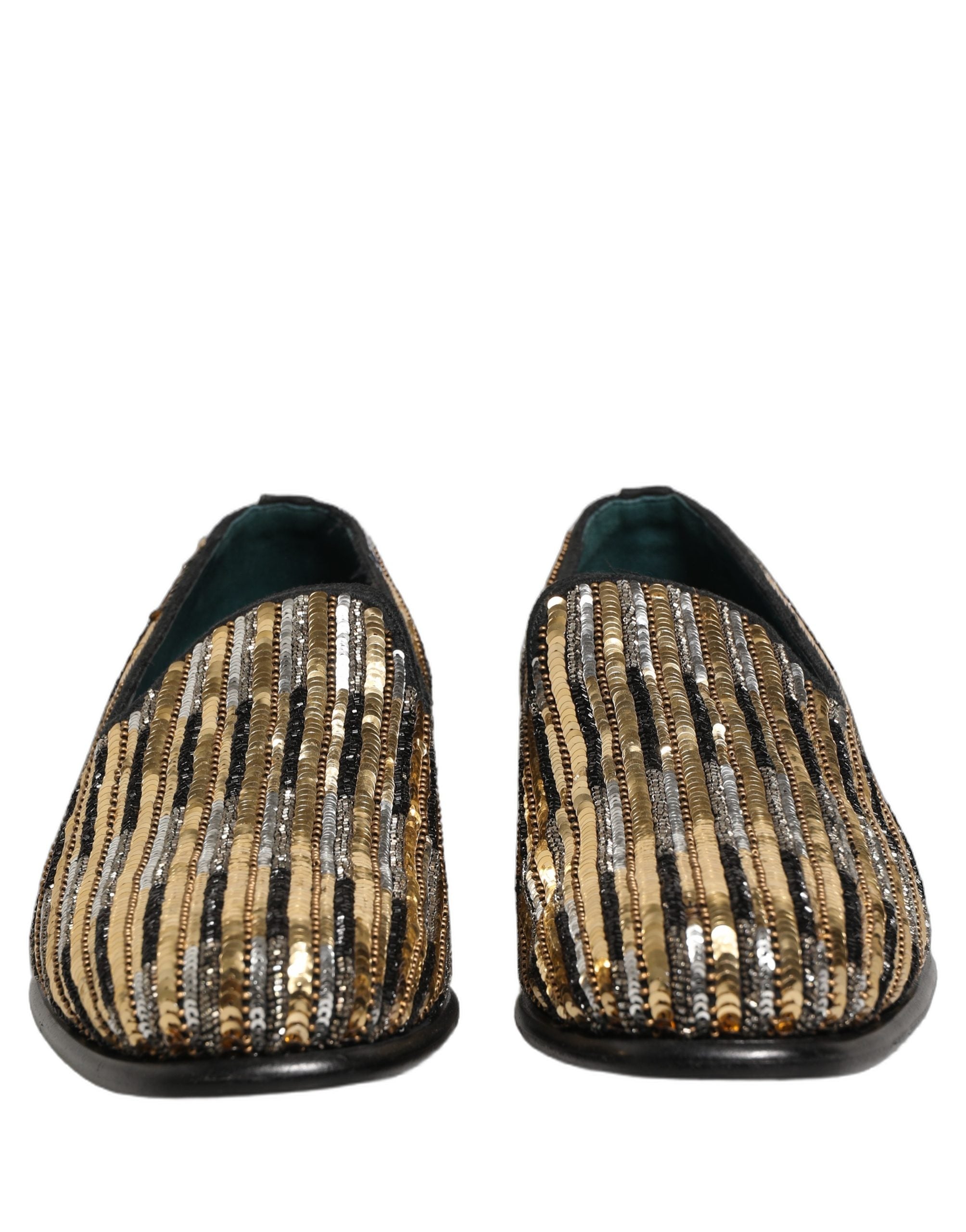 Dolce & Gabbana Gold Striped Sequin Embellished Loafer Shoes