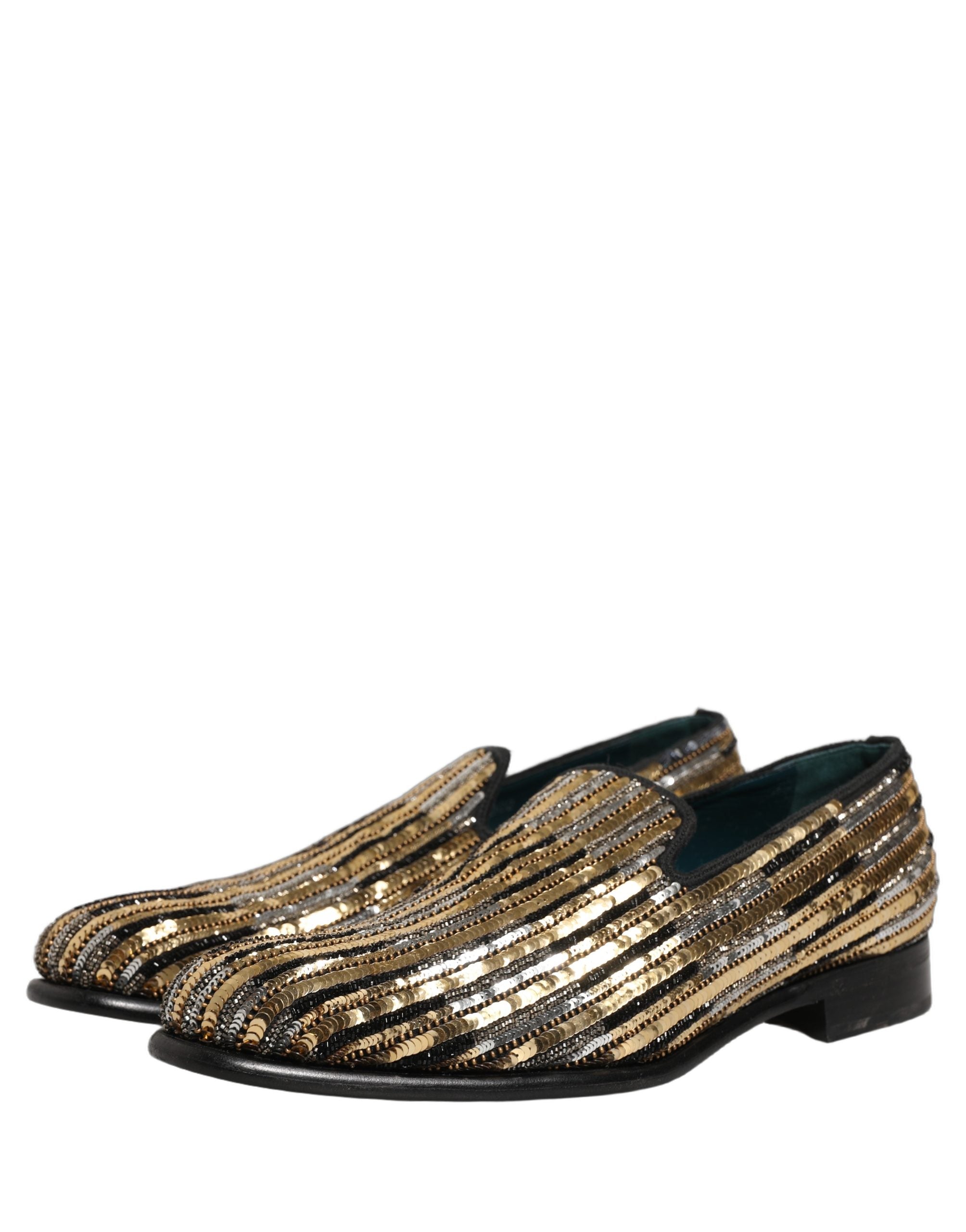 Dolce & Gabbana Gold Striped Sequin Embellished Loafer Shoes