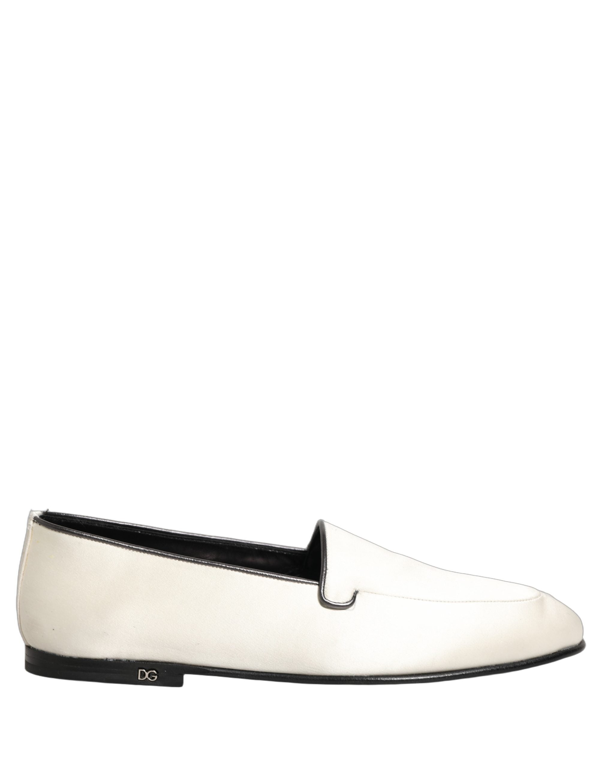 Dolce & Gabbana White Satin Logo Slip On Flats Loafers Shoes