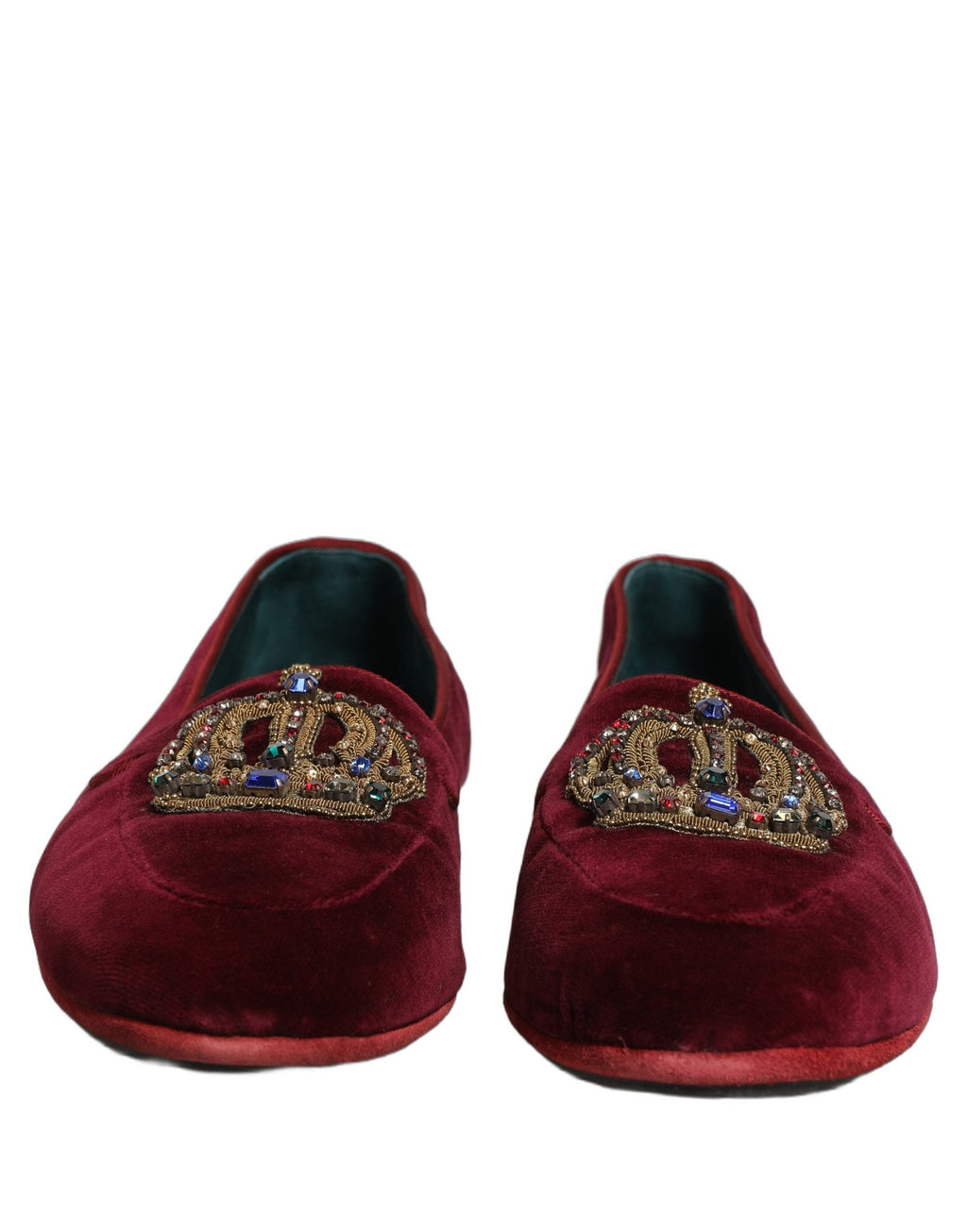 Dolce & Gabbana Burgundy Velvet Crown Slip On Loafers Shoes