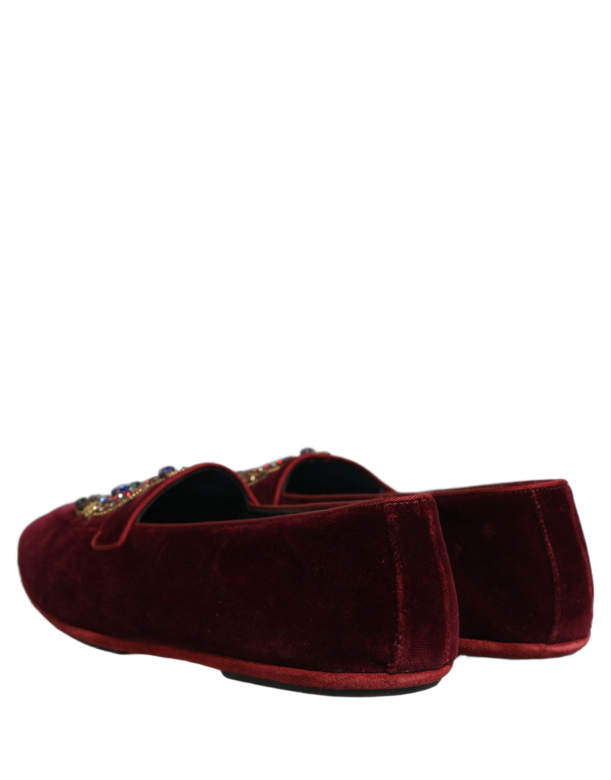 Dolce & Gabbana Burgundy Velvet Crown Slip On Loafers Shoes