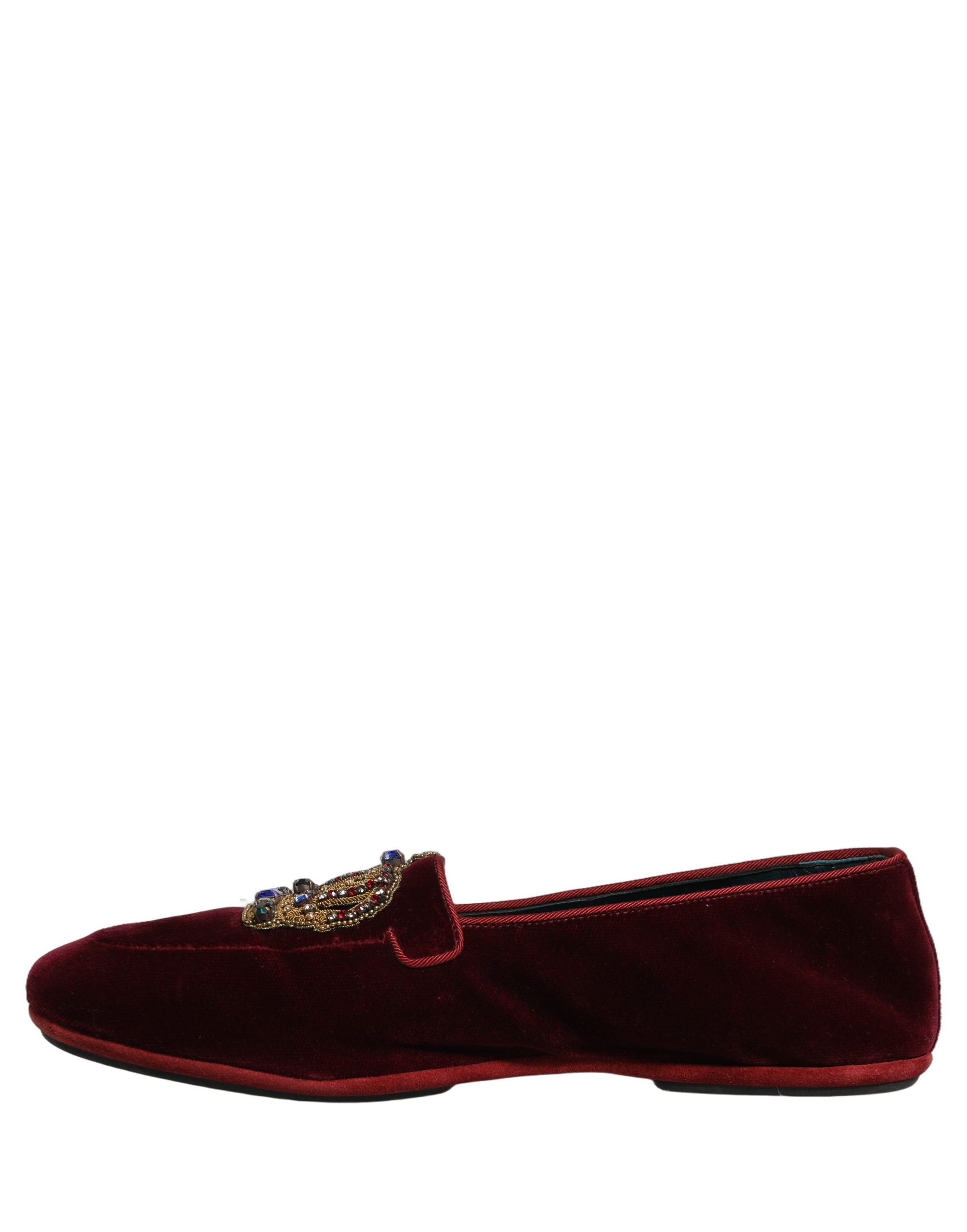 Dolce & Gabbana Burgundy Velvet Crown Slip On Loafers Shoes