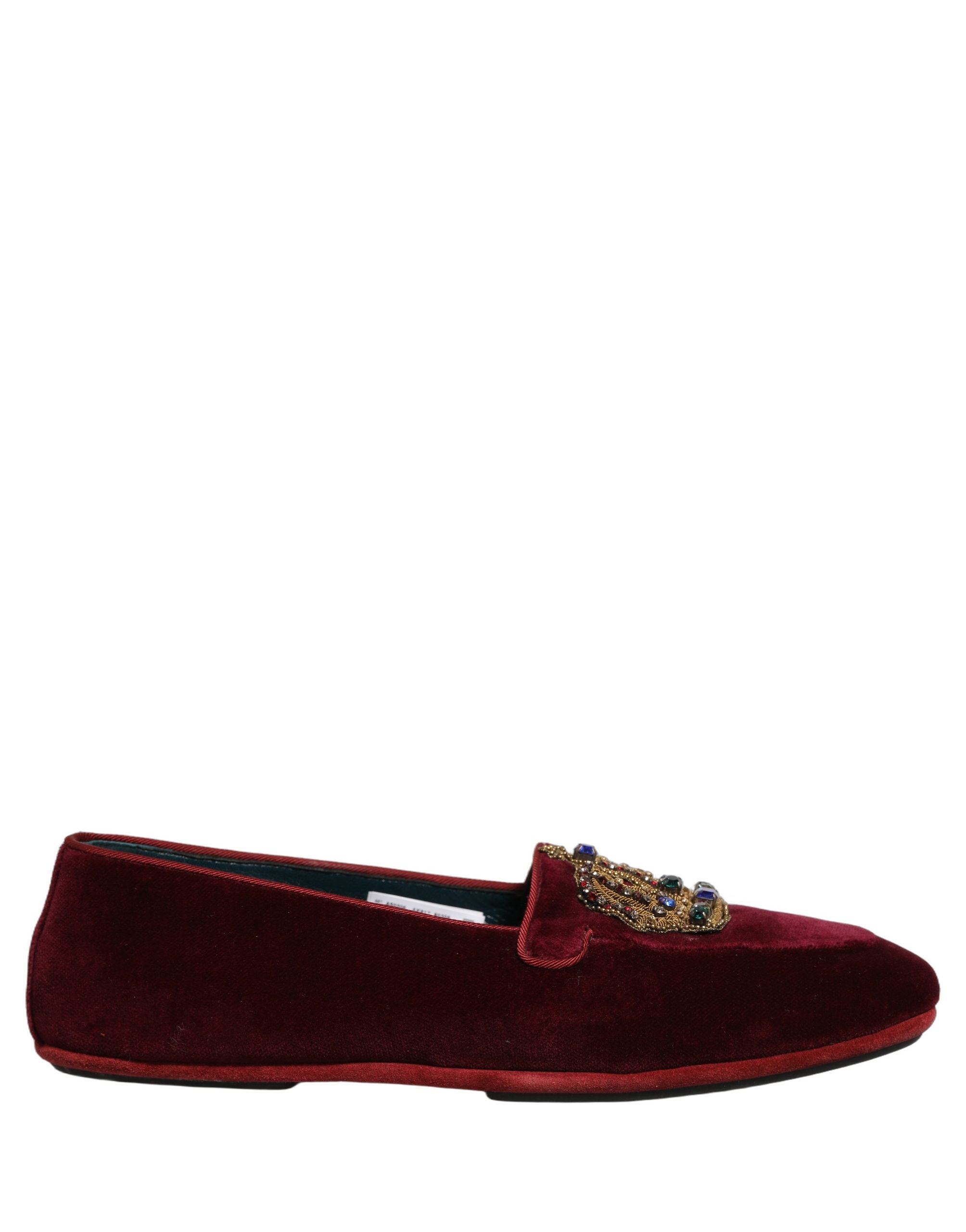 Dolce & Gabbana Burgundy Velvet Crown Slip On Loafers Shoes