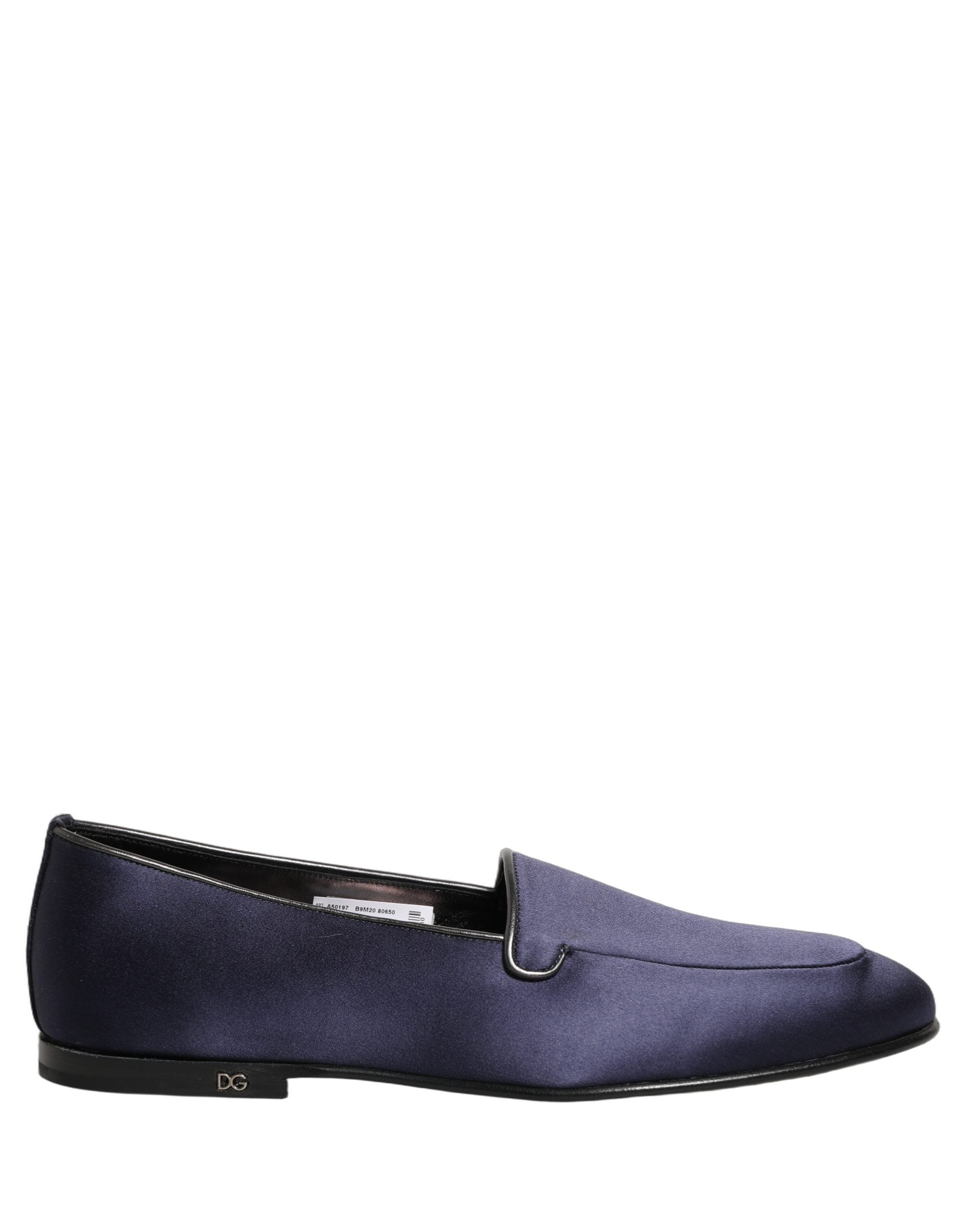 Dolce & Gabbana Blue Satin Logo Slip On Flats Loafers Shoes