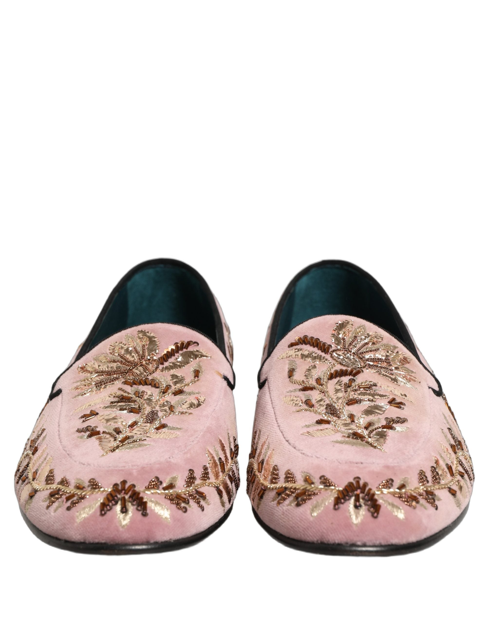 Dolce & Gabbana Pink Velvet Floral Embroidery Loafers Shoes
