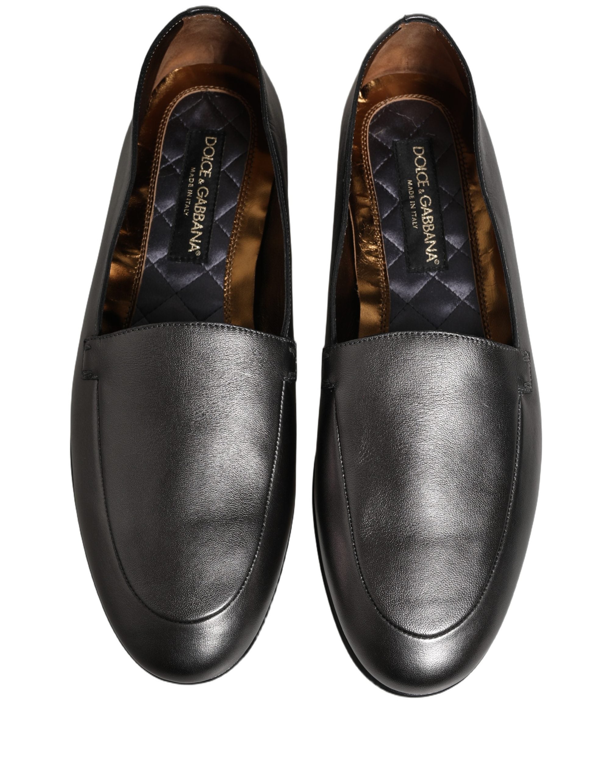 Dolce & Gabbana Silver Leather DG Logo Slip On Loafers Shoes