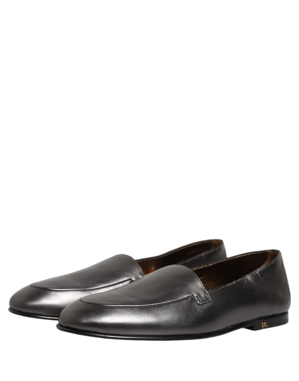 Dolce & Gabbana Silver Leather DG Logo Slip On Loafers Shoes