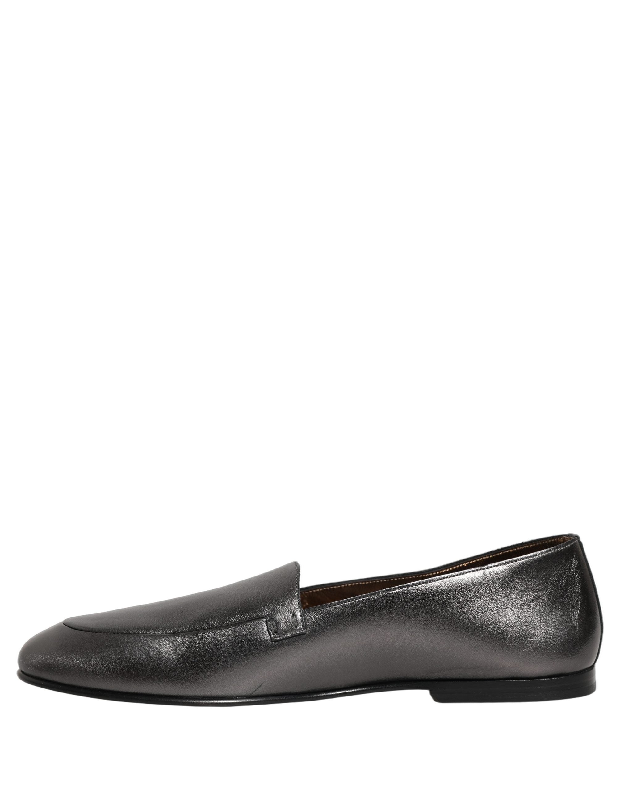 Dolce & Gabbana Silver Leather DG Logo Slip On Loafers Shoes