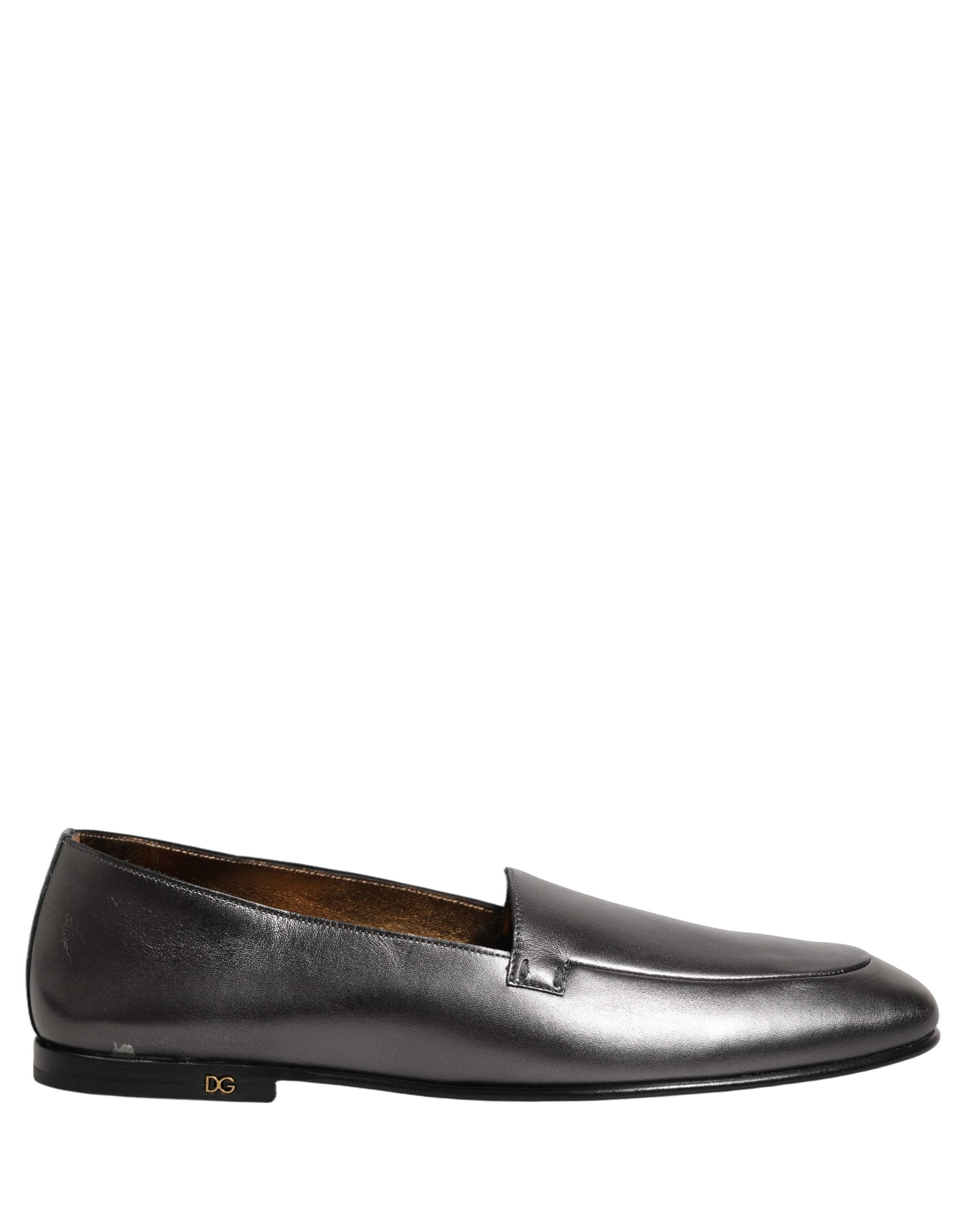 Dolce & Gabbana Silver Leather DG Logo Slip On Loafers Shoes