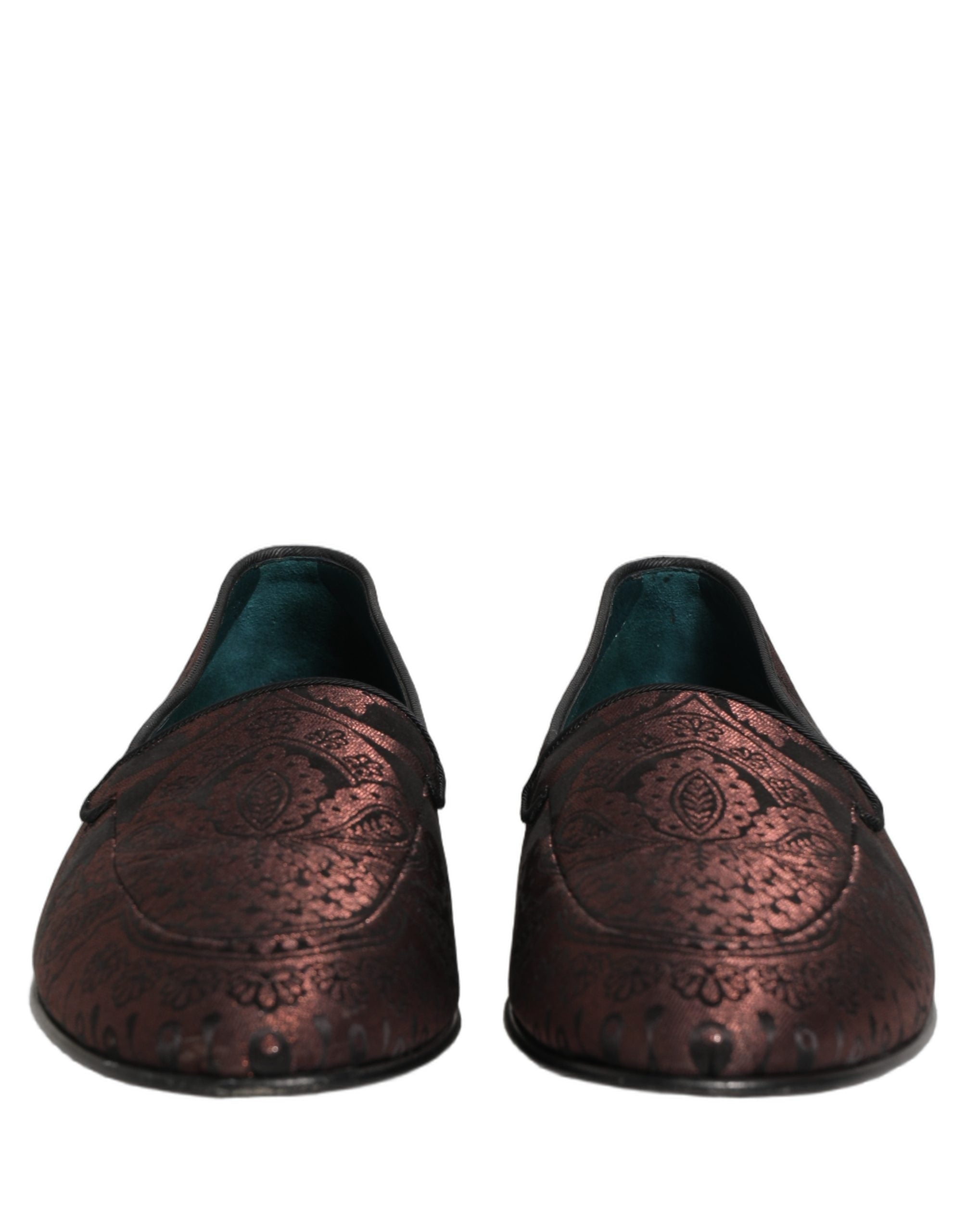 Dolce & Gabbana Maroon Jacquard Leather Slip On Loafers Shoes