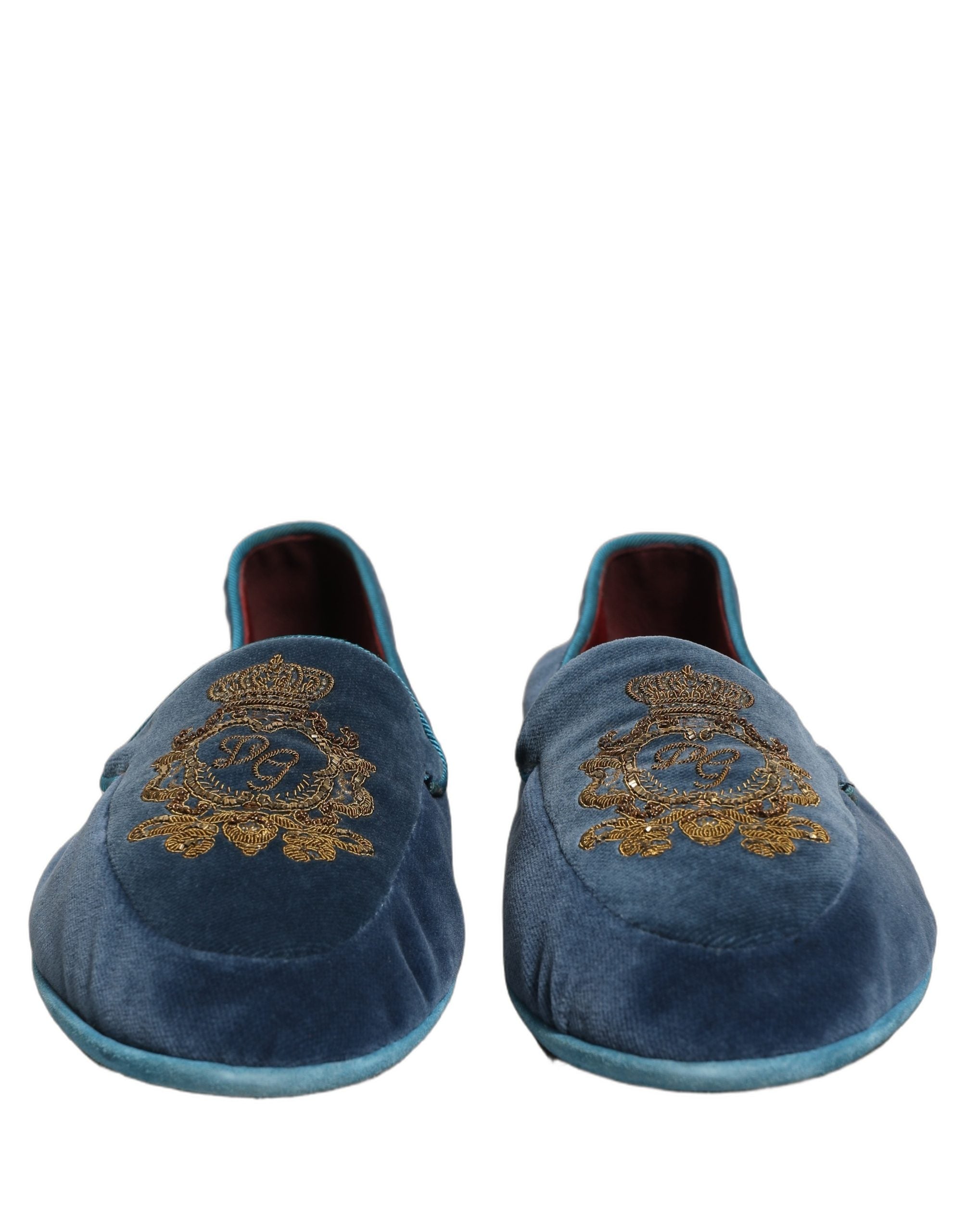 Dolce & Gabbana Blue Velvet Crown Embroidery Loafers Shoes