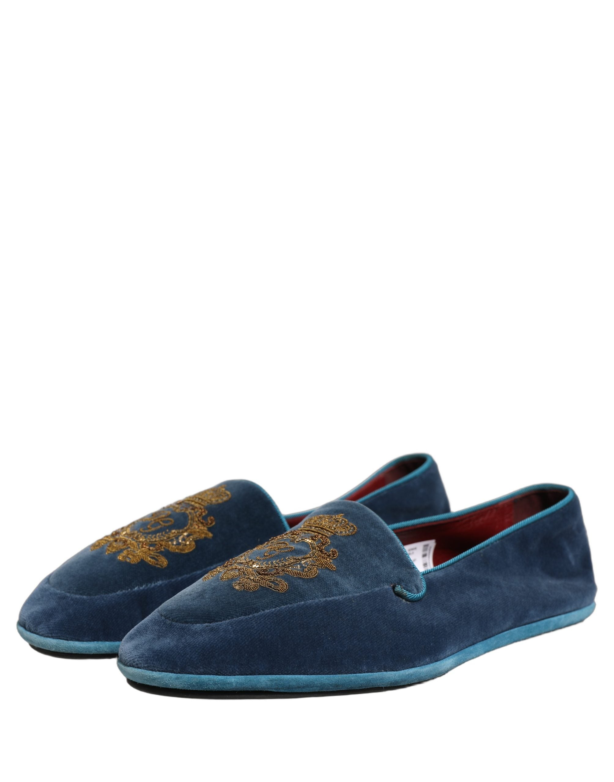 Dolce & Gabbana Blue Velvet Crown Embroidery Loafers Shoes