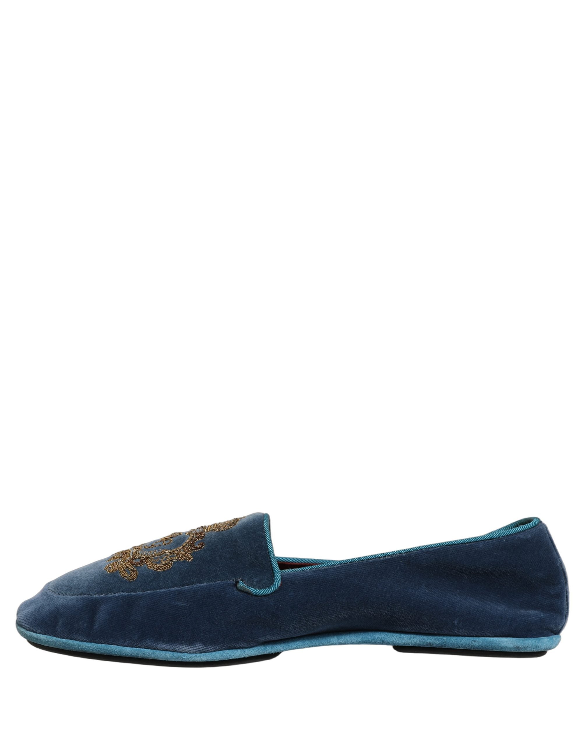 Dolce & Gabbana Blue Velvet Crown Embroidery Loafers Shoes