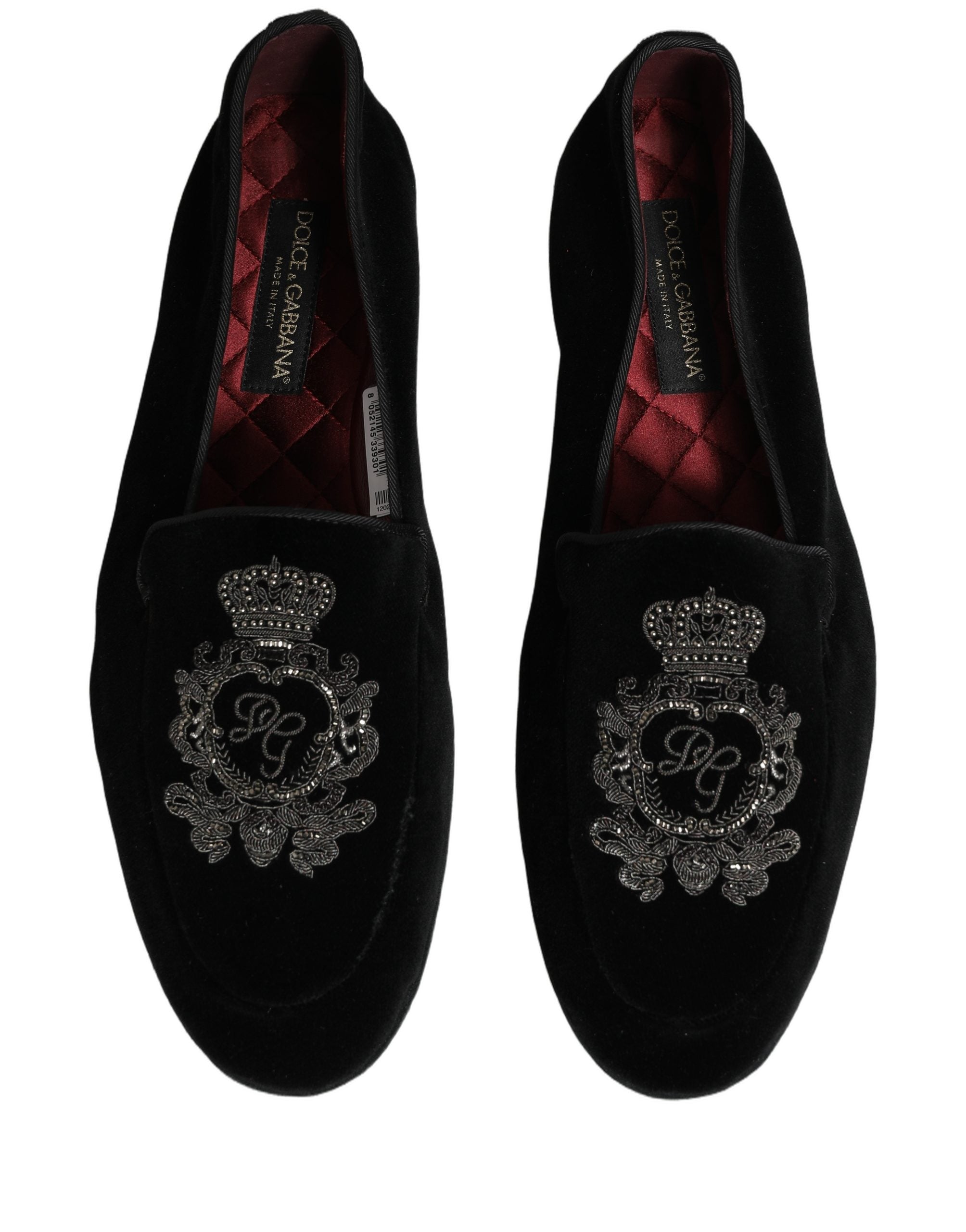 Dolce & Gabbana Black Velvet Crown Embroidery Loafers Shoes