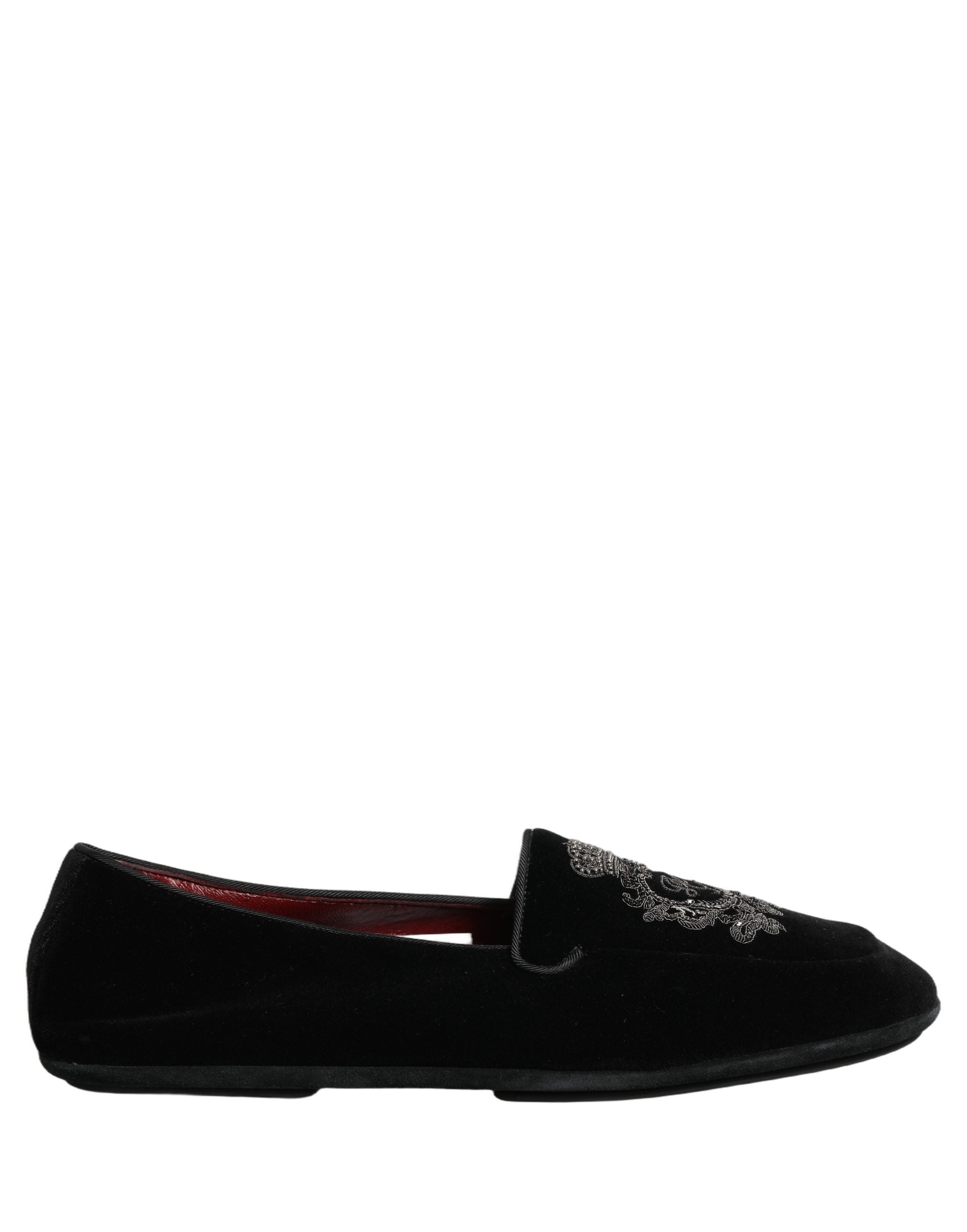 Dolce & Gabbana Black Velvet Crown Embroidery Loafers Shoes