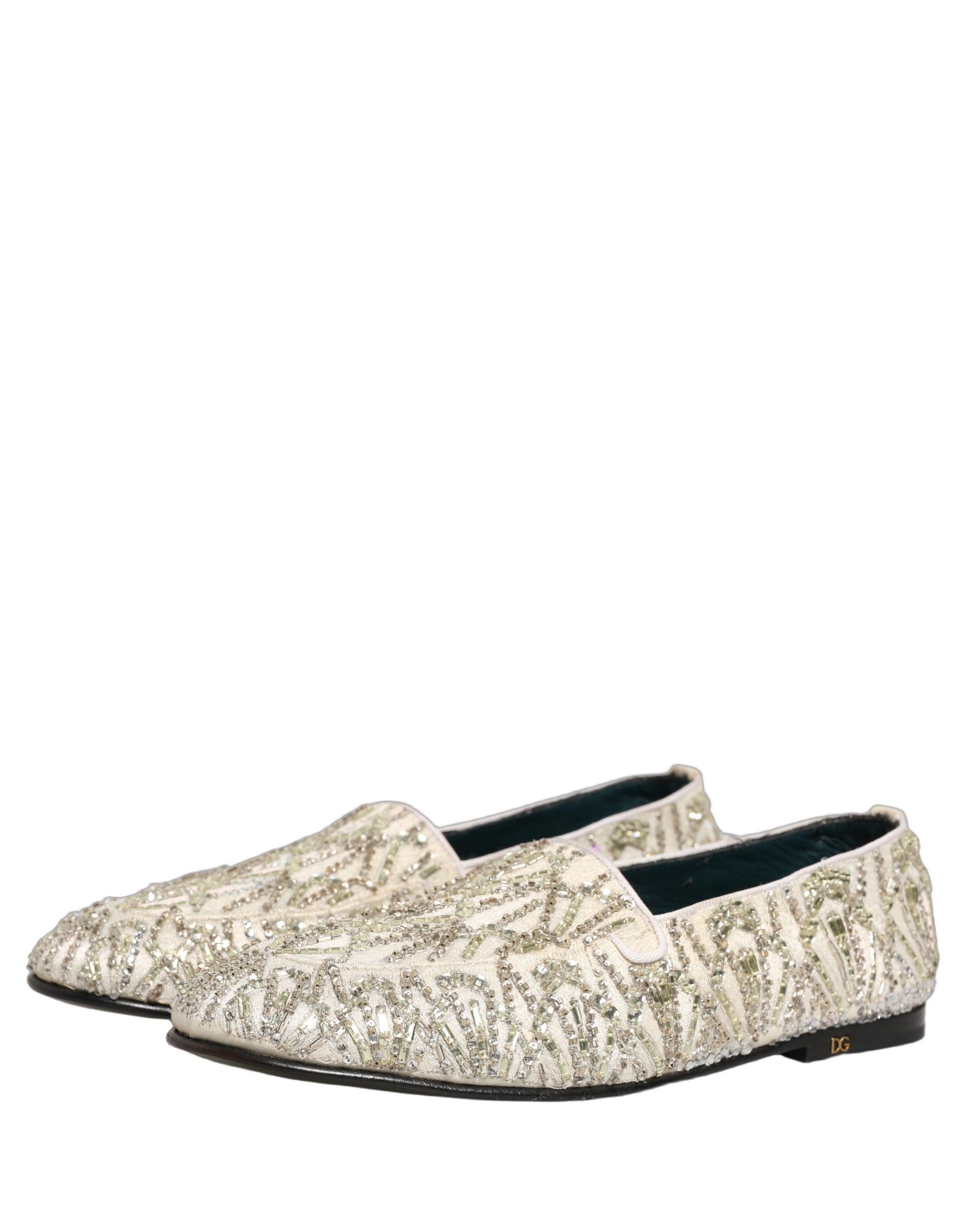 Dolce & Gabbana White Velvet Embroidered Dress Loafers Shoes