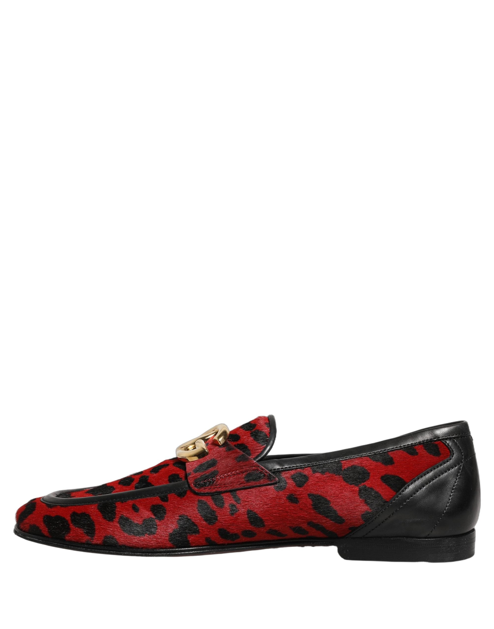 Dolce & Gabbana Red Leopard Print Pony Hair Dress Loafers Shoes