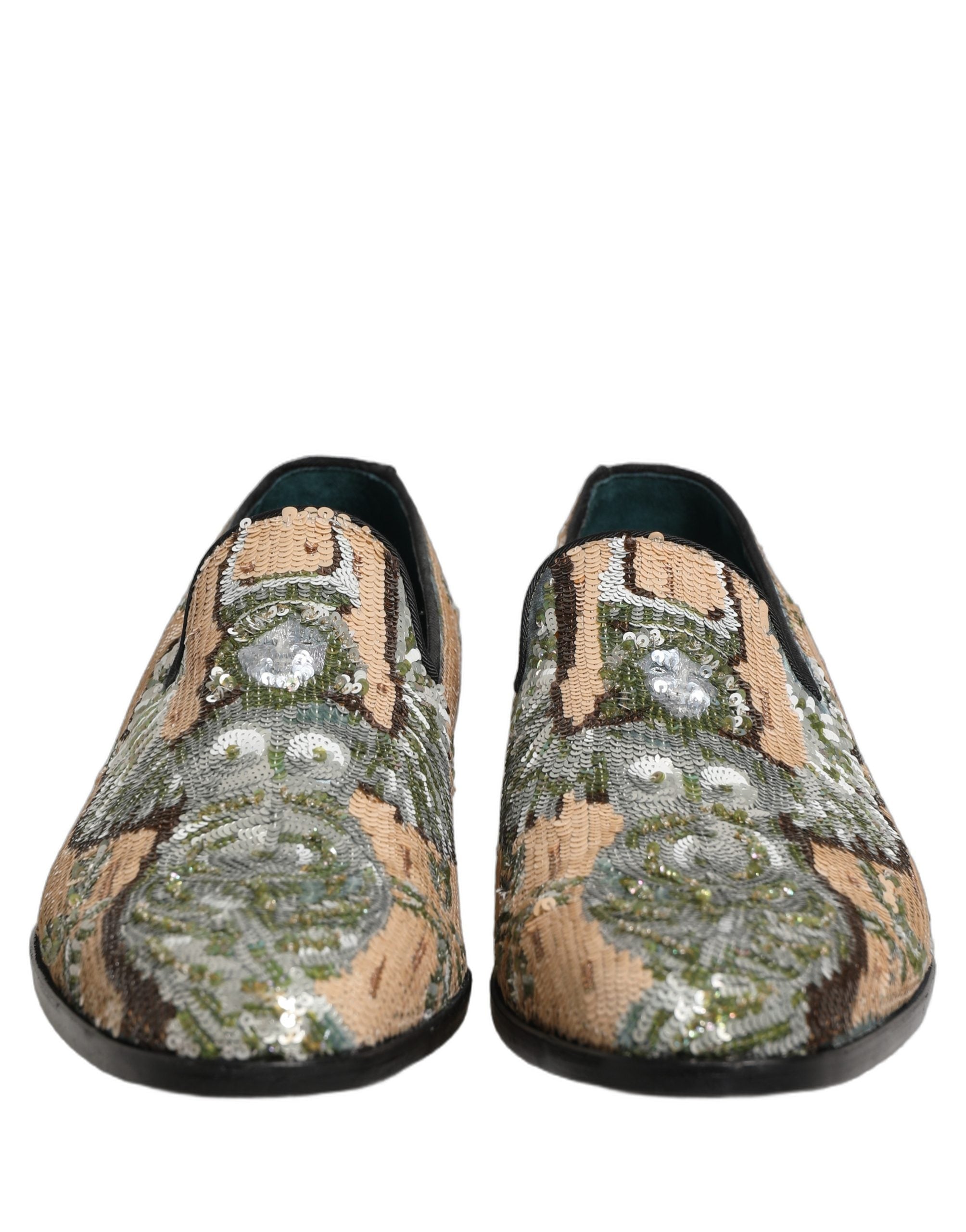 Dolce & Gabbana Beige Sequin Embroidery Dress Loafers Shoes