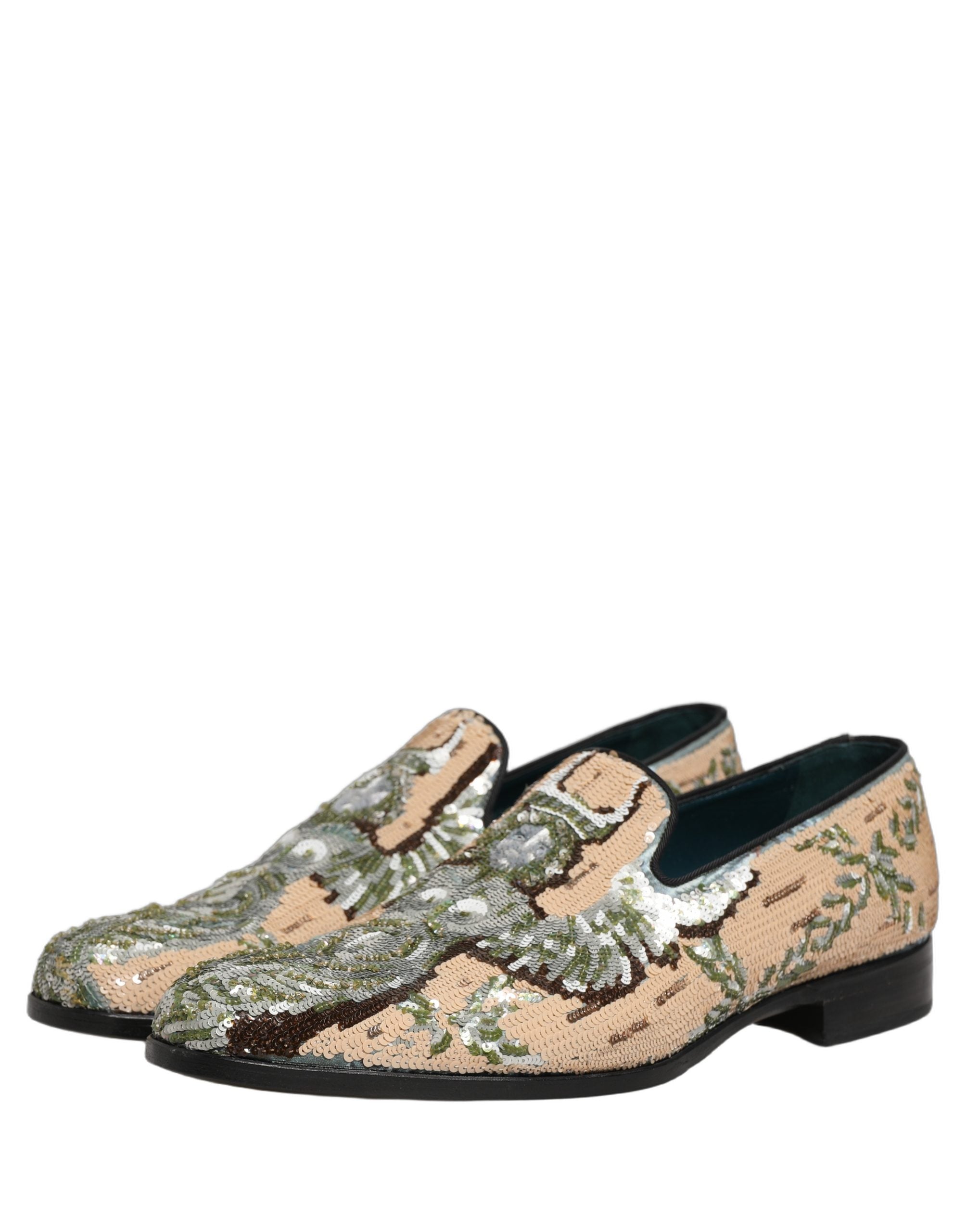 Dolce & Gabbana Beige Sequin Embroidery Dress Loafers Shoes