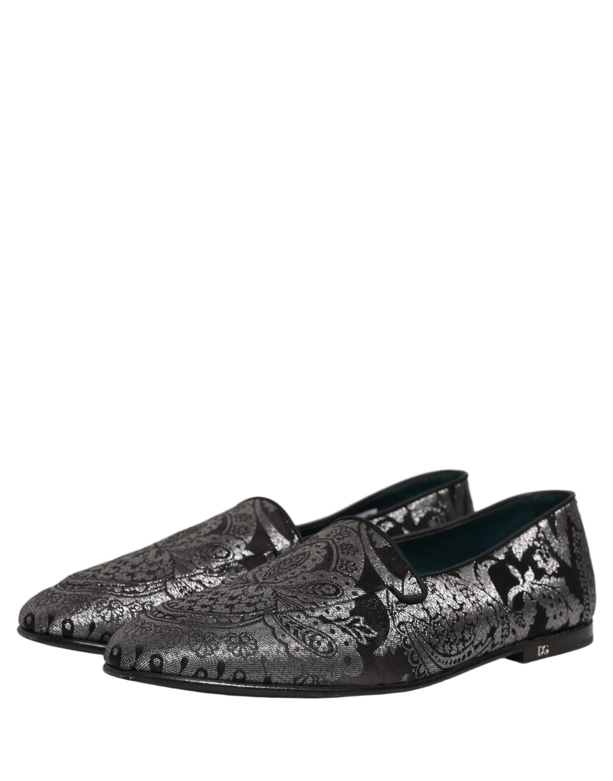 Dolce & Gabbana Silver Jacquard Leather Slip On Loafers Shoes