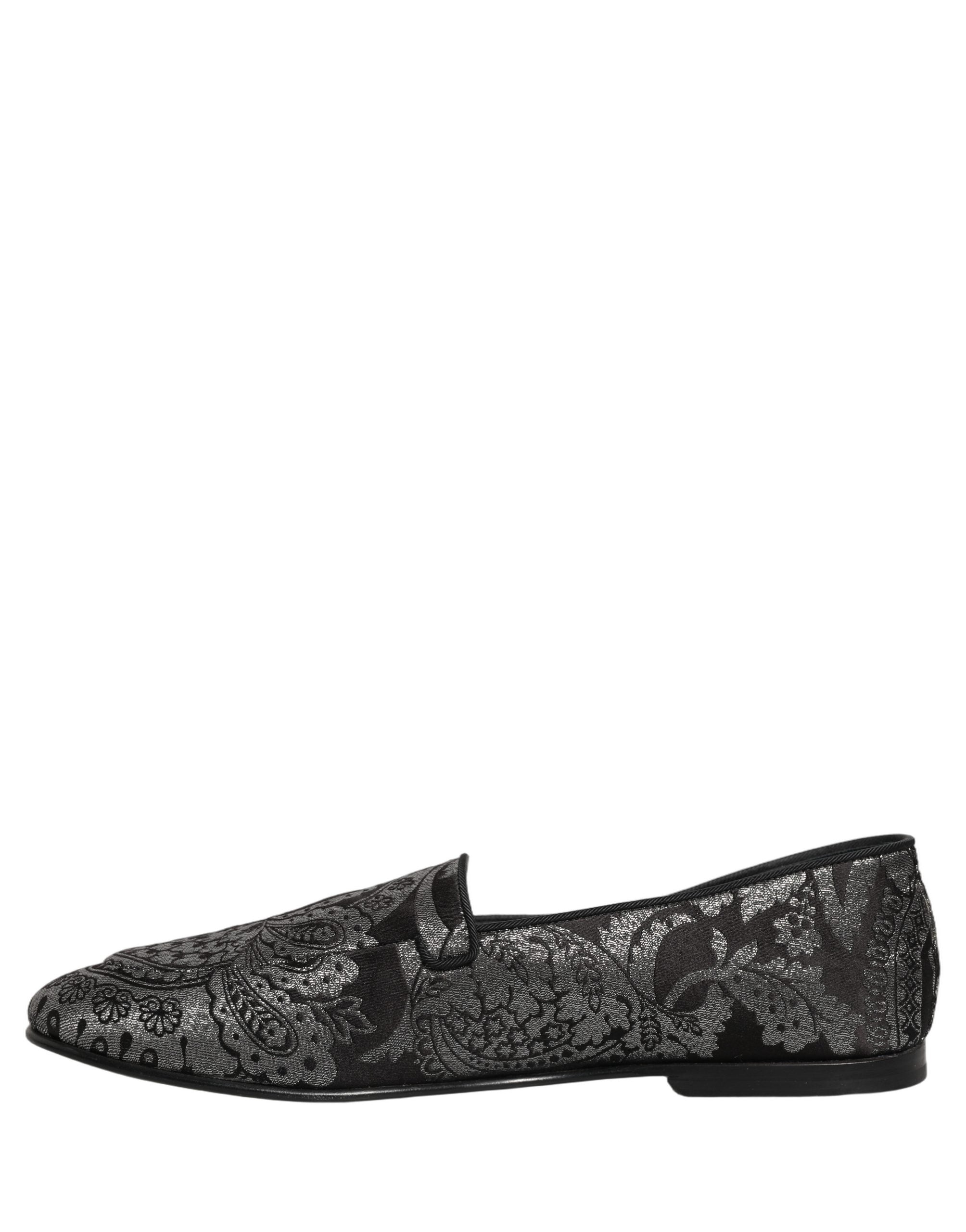 Dolce & Gabbana Silver Jacquard Leather Slip On Loafers Shoes