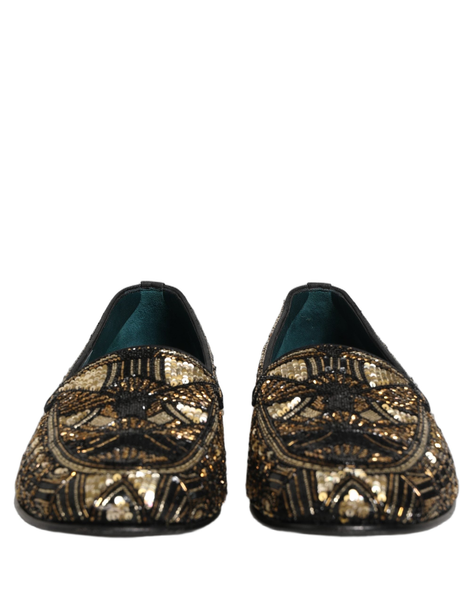 Dolce & Gabbana Black Gold Embellished Slip On Loafers Shoes