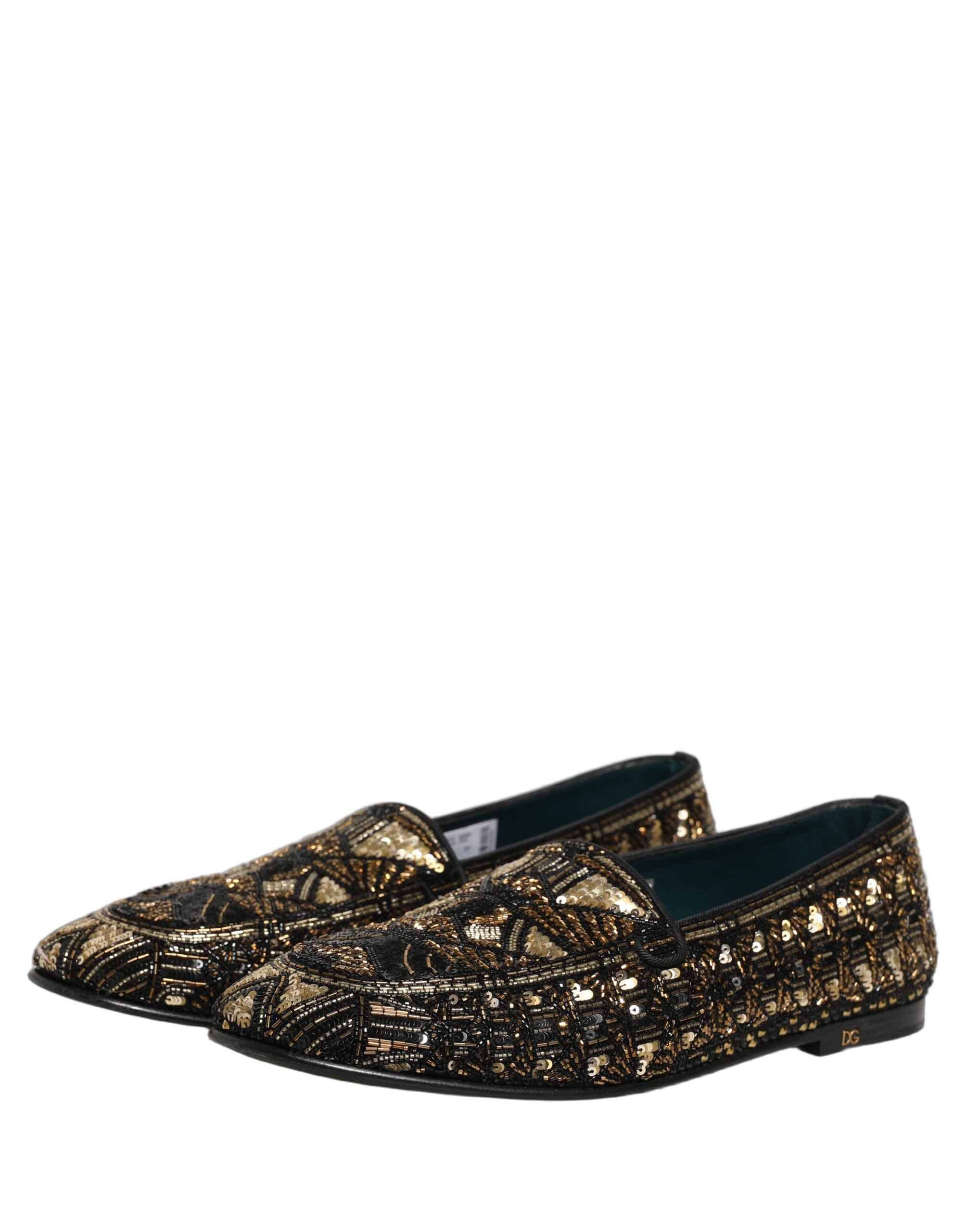 Dolce & Gabbana Black Gold Embellished Slip On Loafers Shoes