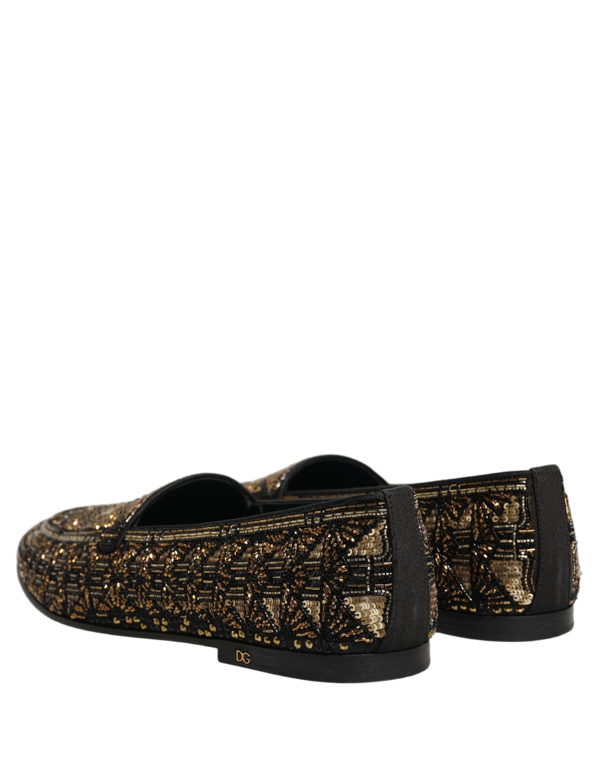 Dolce & Gabbana Black Gold Embellished Slip On Loafers Shoes