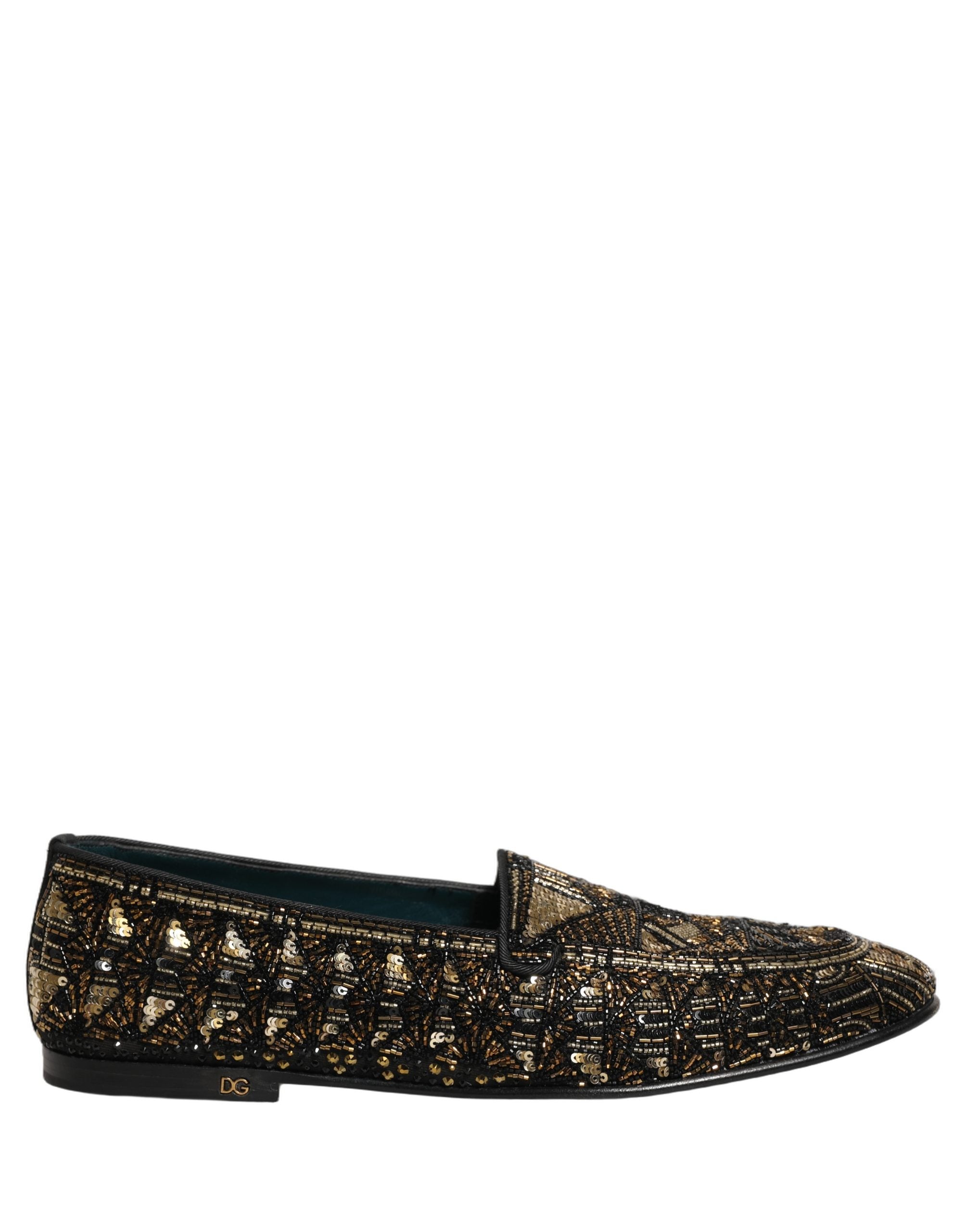 Dolce & Gabbana Black Gold Embellished Slip On Loafers Shoes