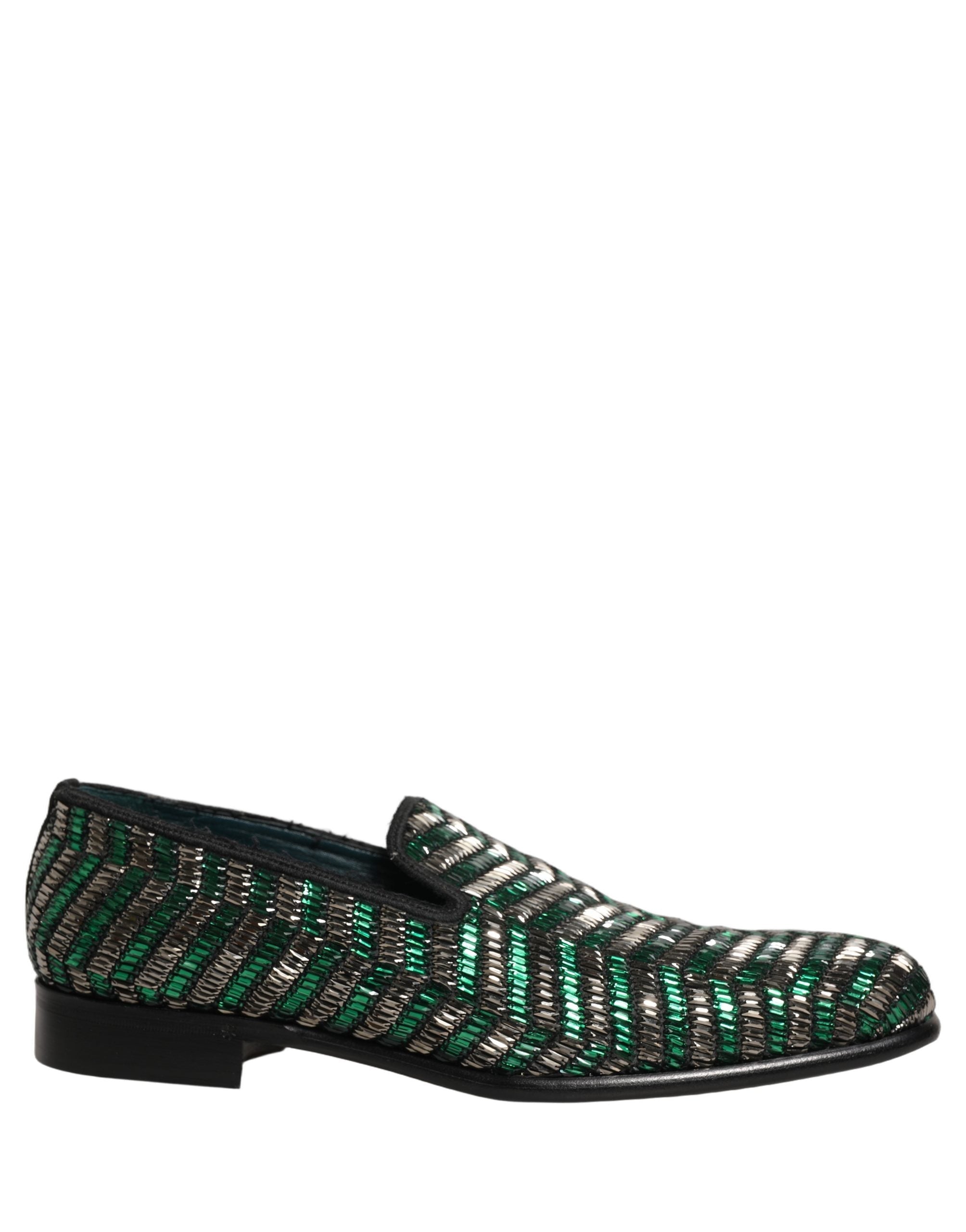 Dolce & Gabbana Silver Green Embellished Dress Loafers Shoes