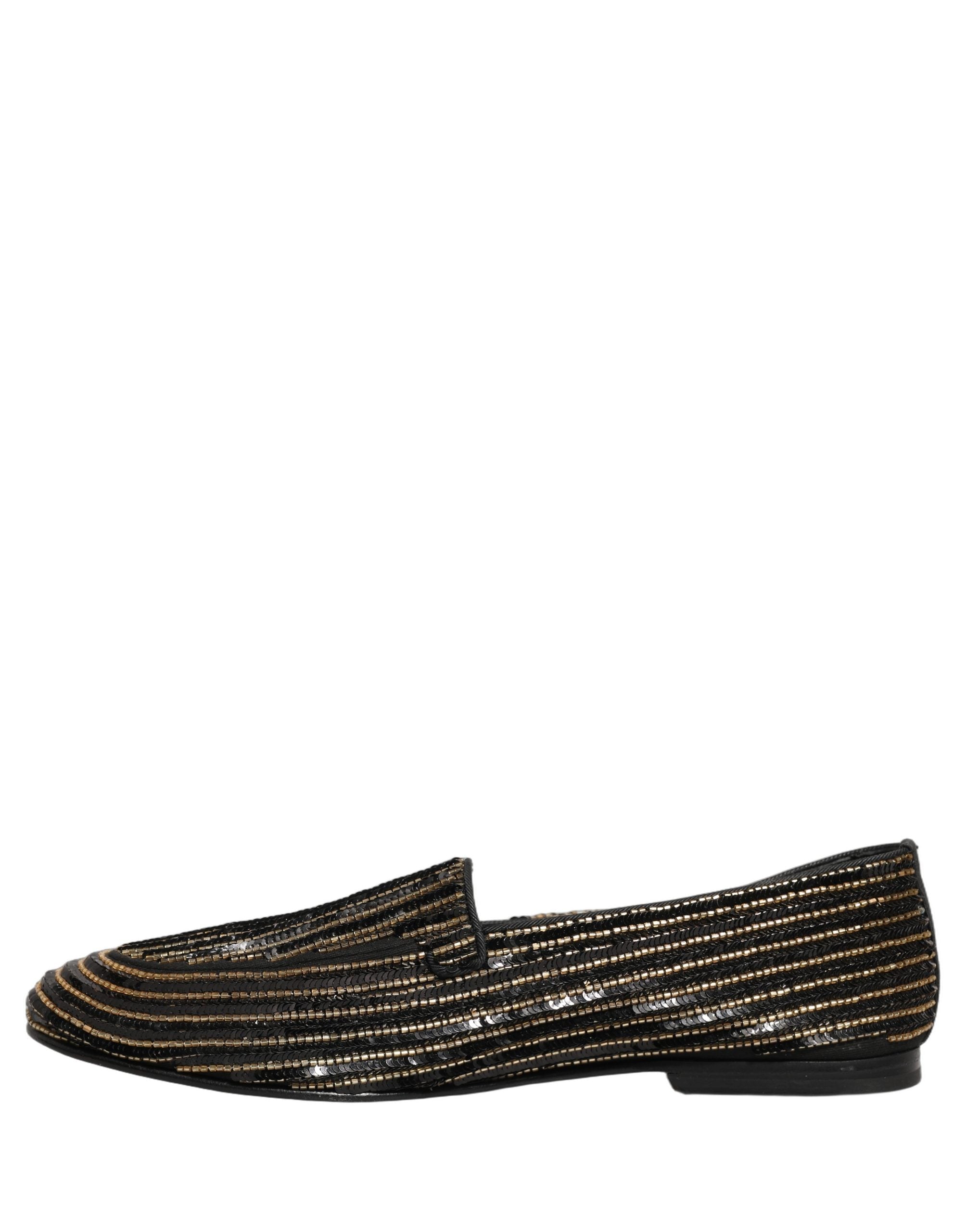Dolce & Gabbana Black Gold Sequined Men Dress Loafers Shoes