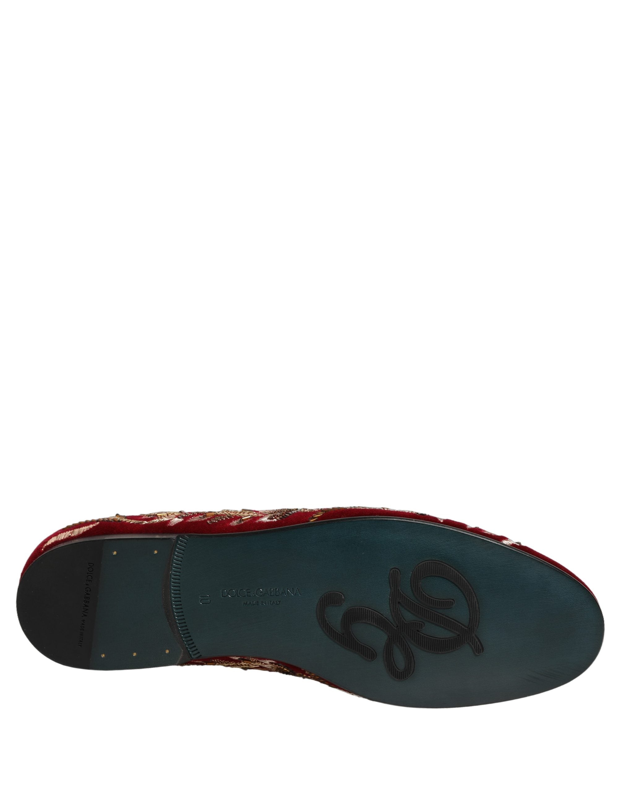 Dolce & Gabbana Red Velvet Floral Embroidery Loafers Shoes