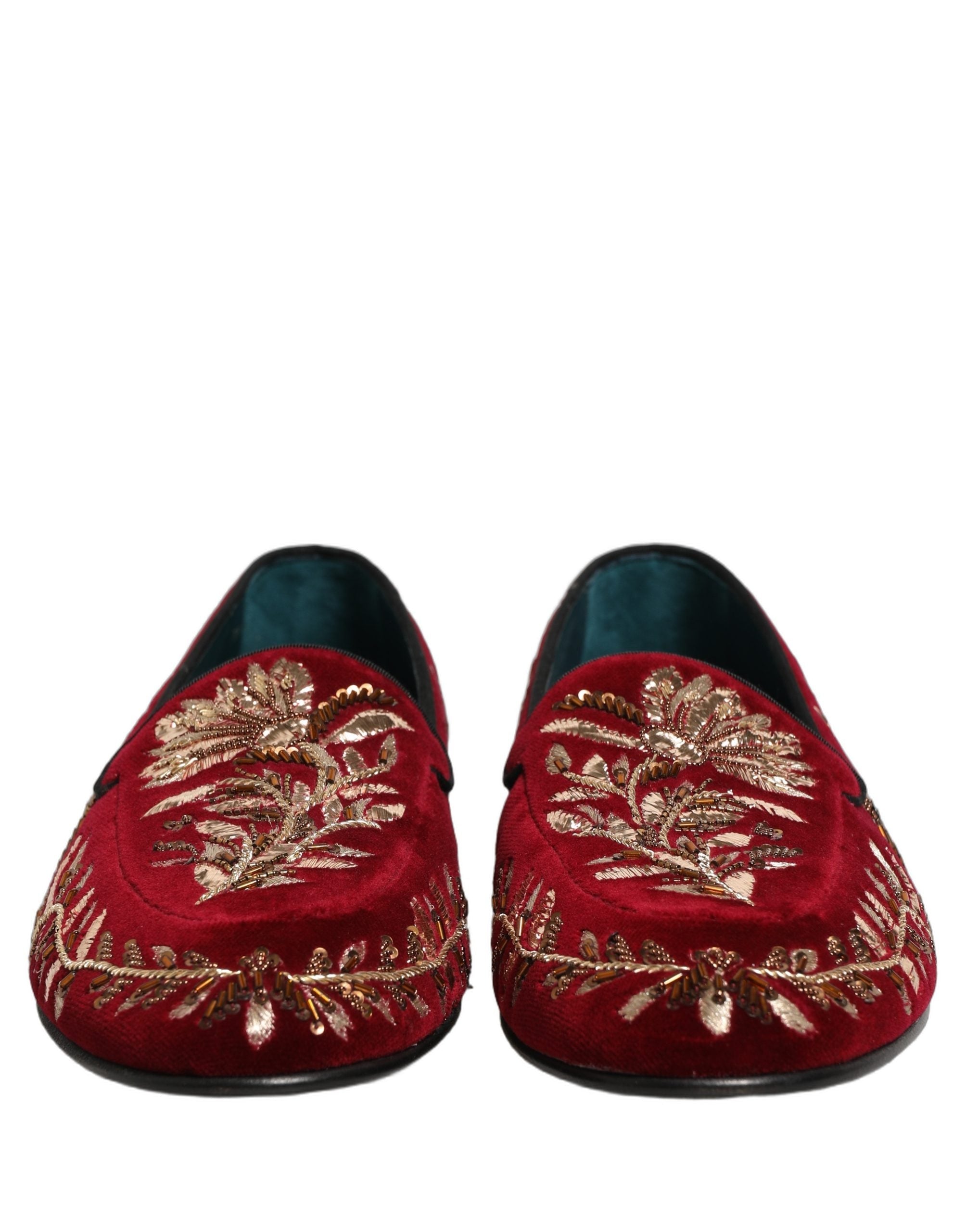 Dolce & Gabbana Red Velvet Floral Embroidery Loafers Shoes