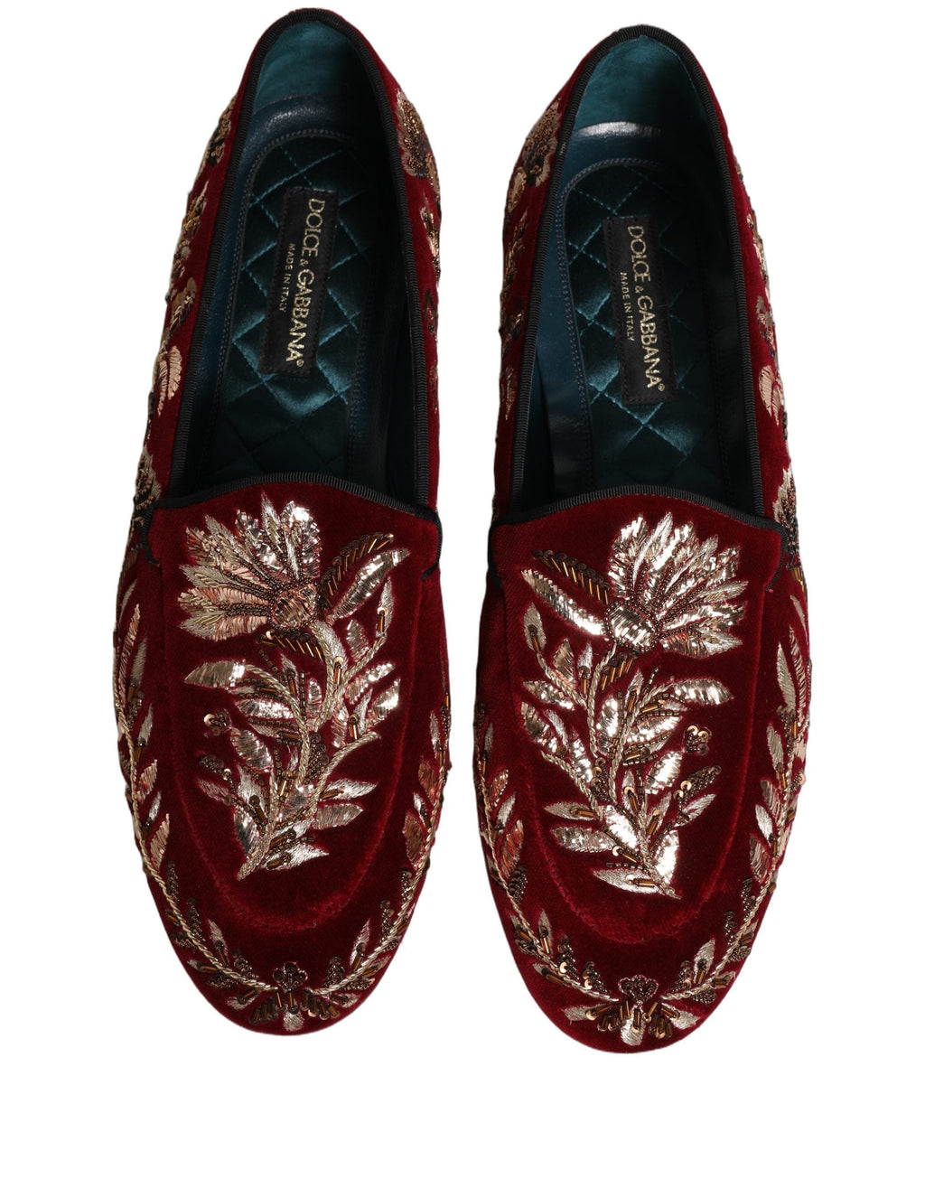 Dolce & Gabbana Red Velvet Floral Embroidery Loafers Shoes