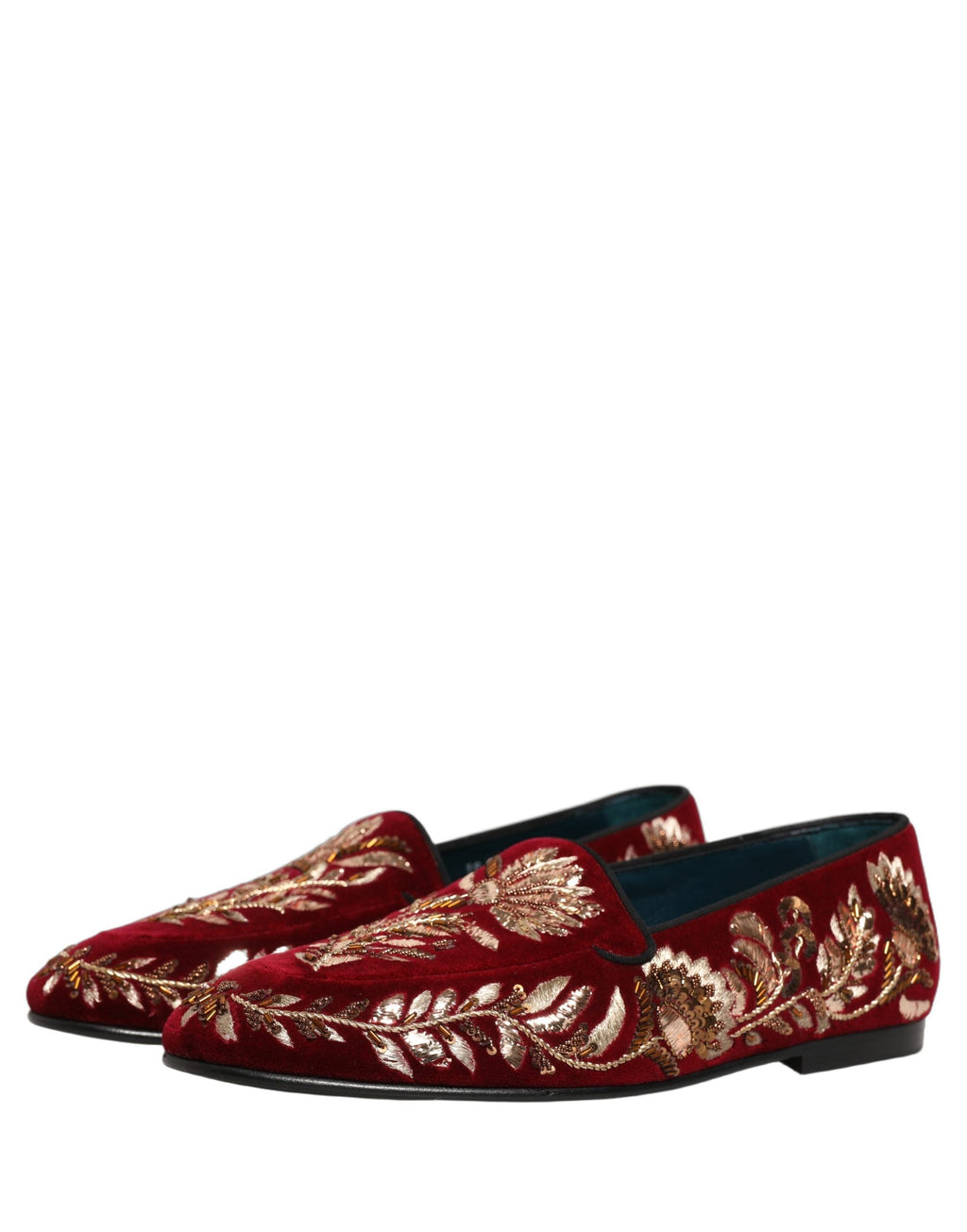 Dolce & Gabbana Red Velvet Floral Embroidery Loafers Shoes