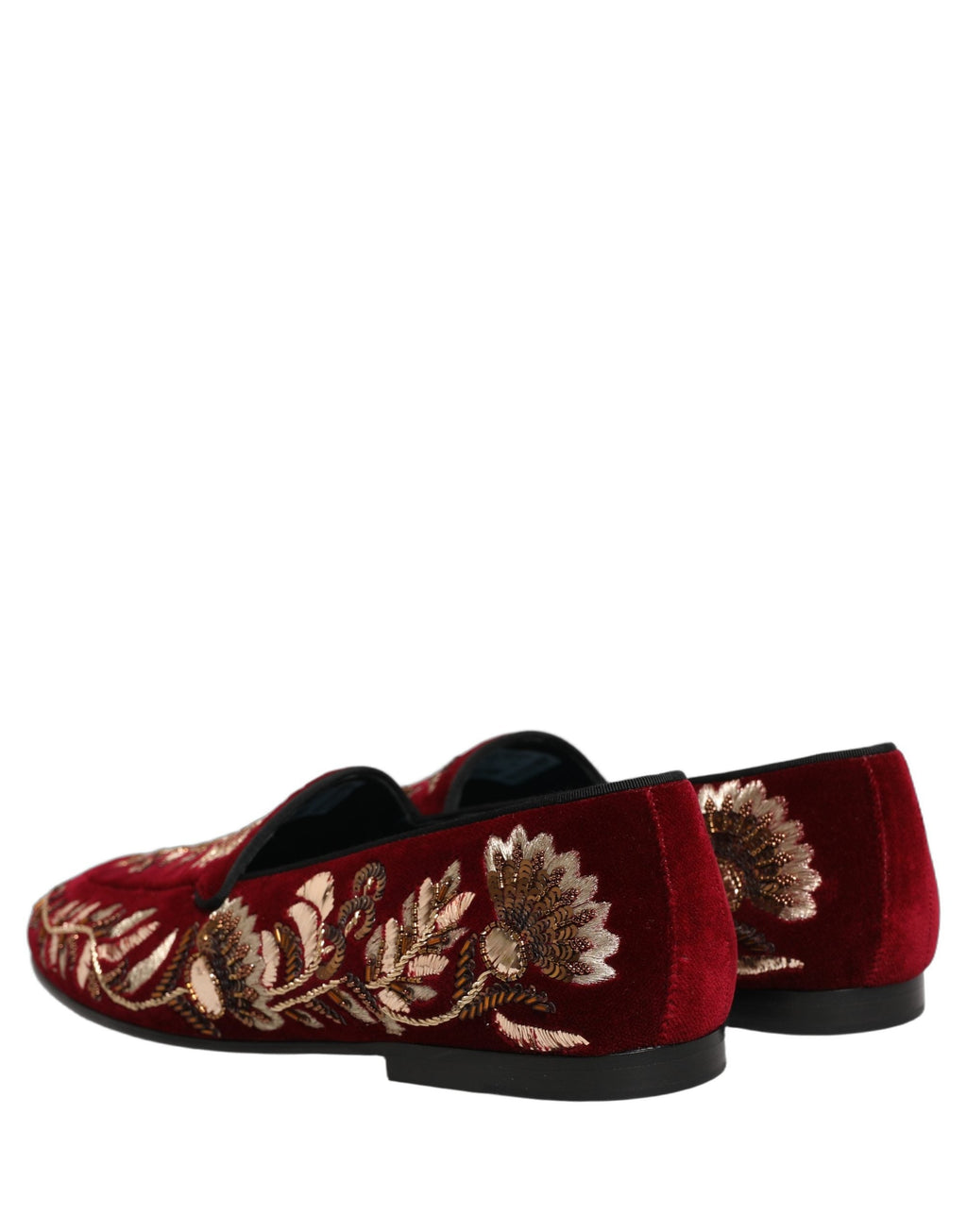 Dolce & Gabbana Red Velvet Floral Embroidery Loafers Shoes