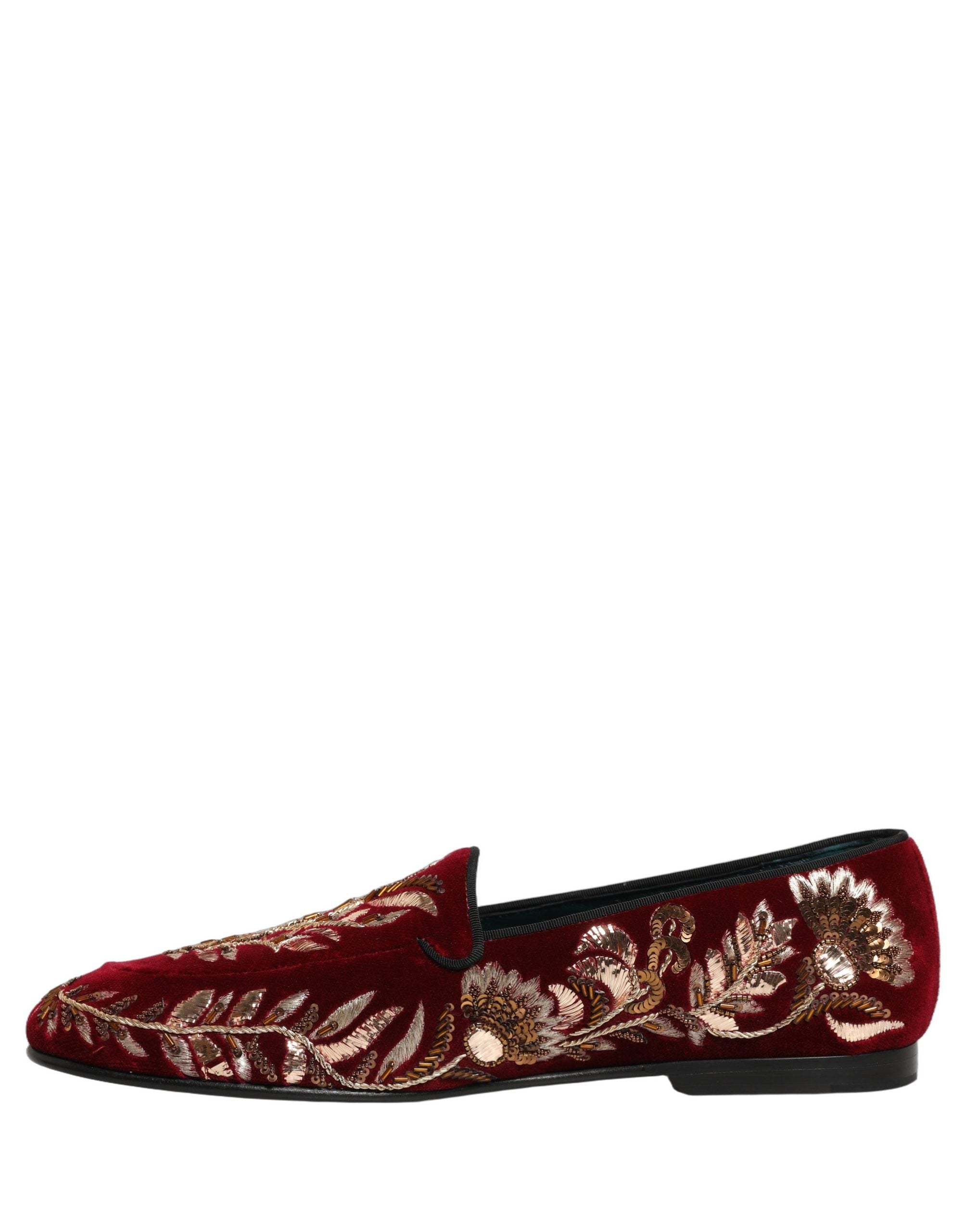 Dolce & Gabbana Red Velvet Floral Embroidery Loafers Shoes