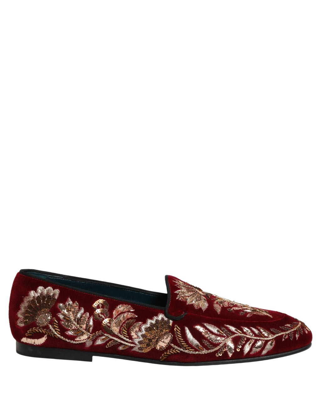 Dolce & Gabbana Red Velvet Floral Embroidery Loafers Shoes
