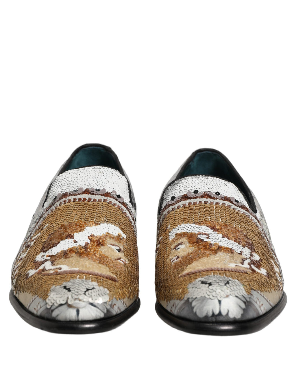 Dolce & Gabbana White Gold Sequined Slip On Loafers Shoes