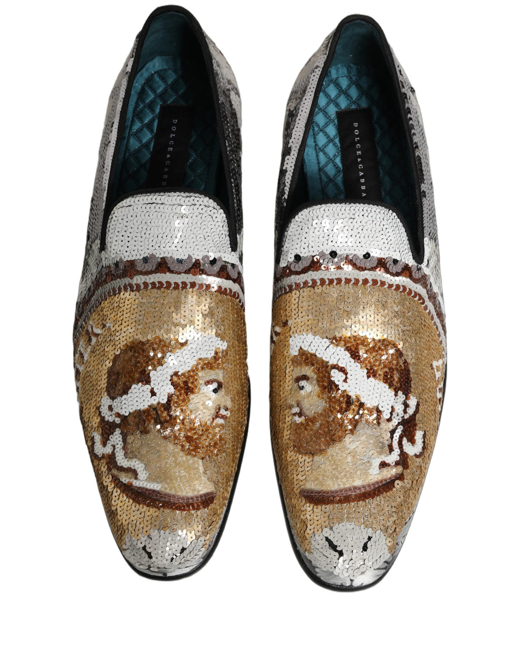Dolce & Gabbana White Gold Sequined Slip On Loafers Shoes