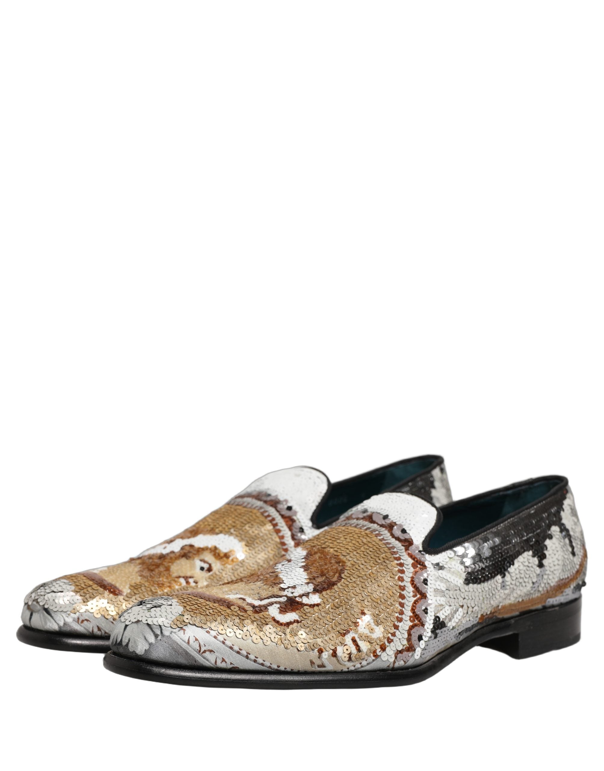 Dolce & Gabbana White Gold Sequined Slip On Loafers Shoes