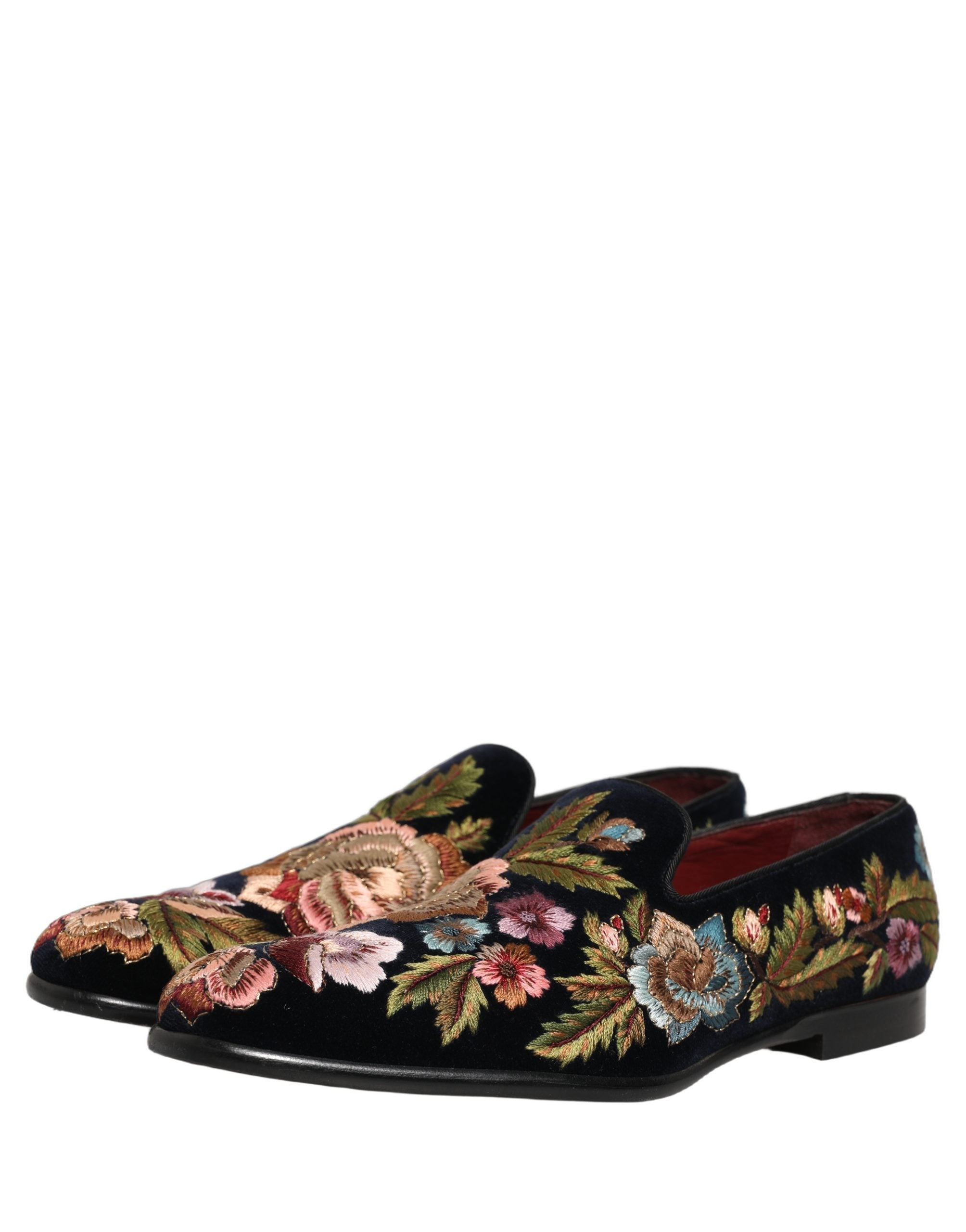 Dolce & Gabbana Black Velvet Floral Embroidery Loafers Shoes