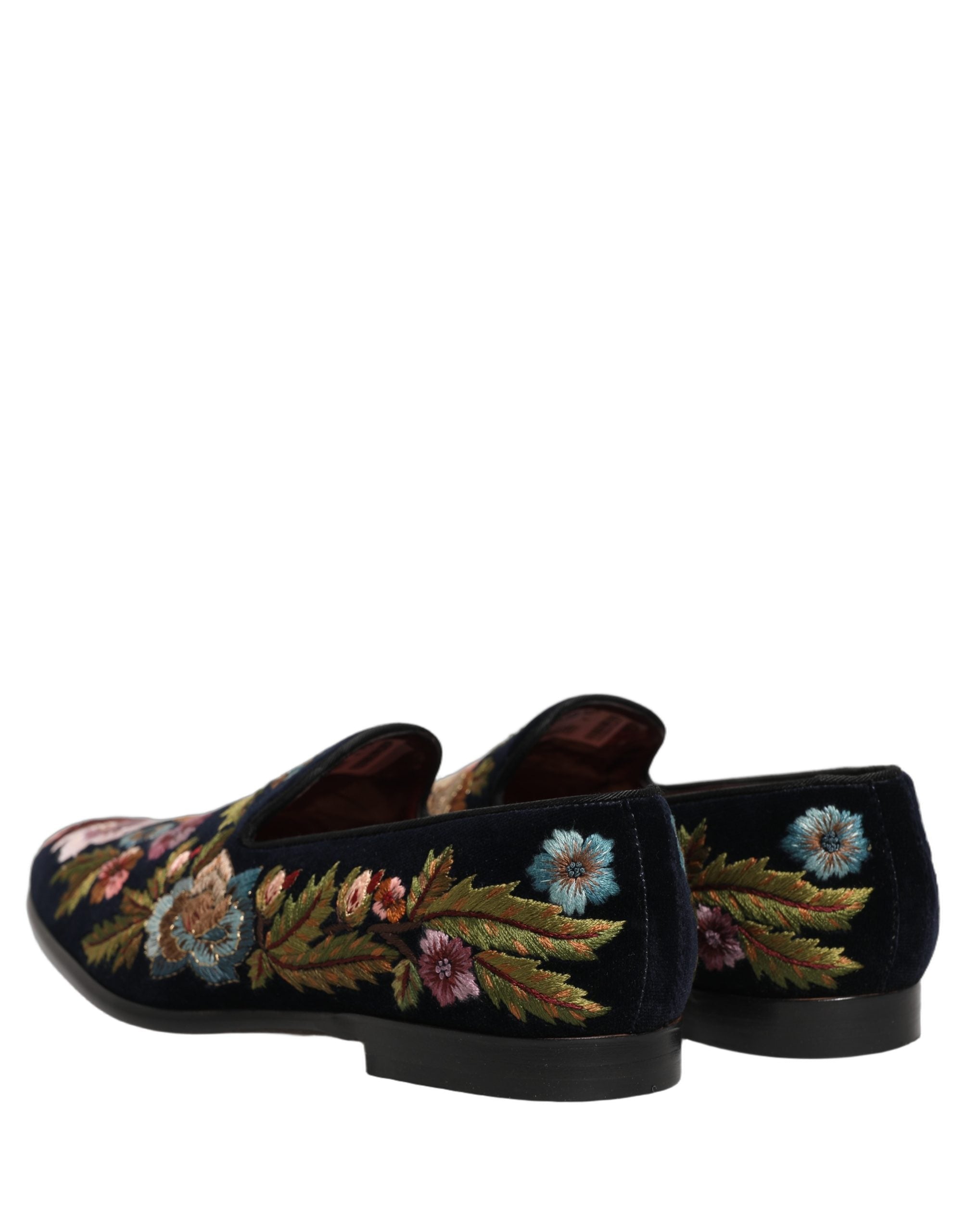 Dolce & Gabbana Black Velvet Floral Embroidery Loafers Shoes