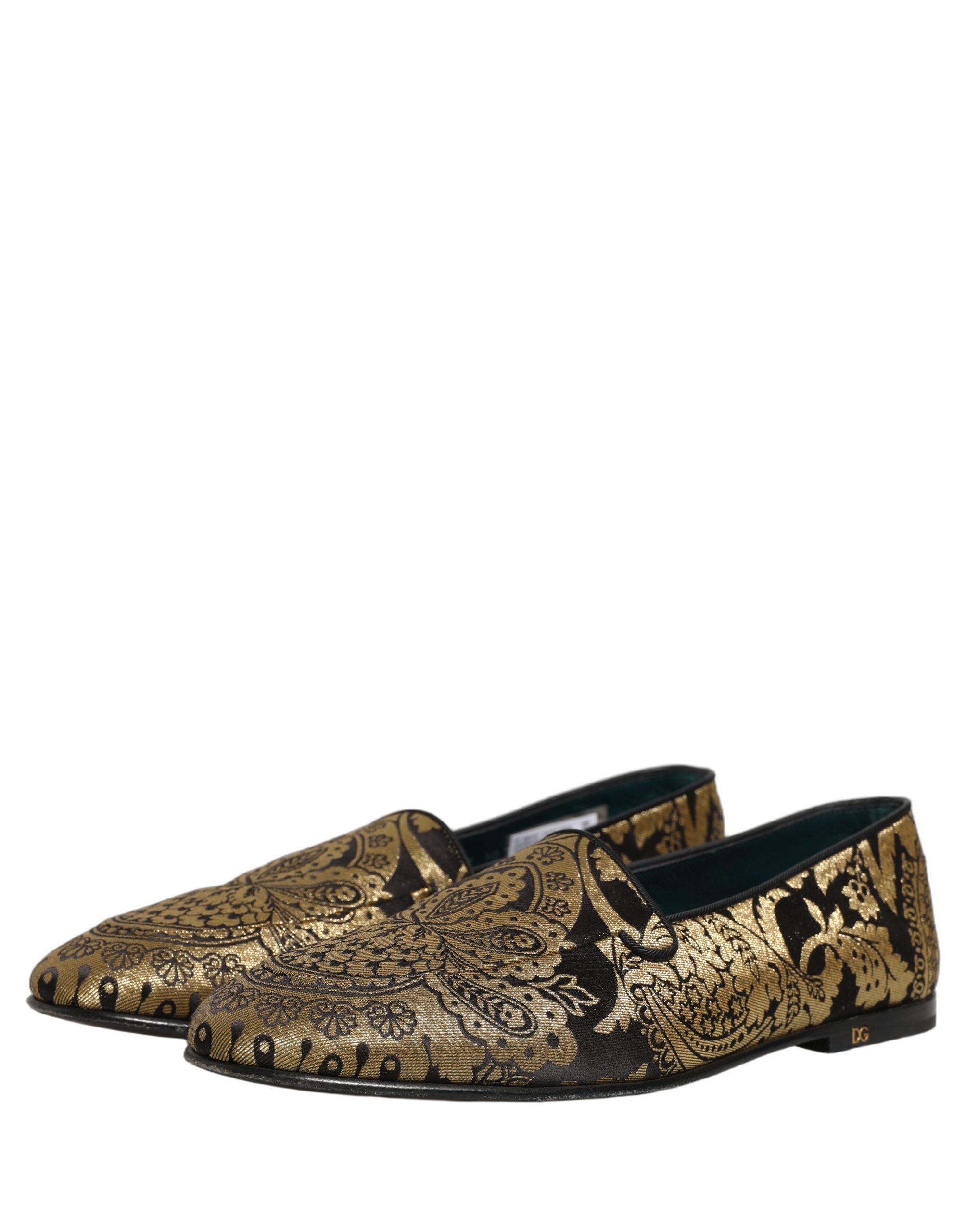 Dolce & Gabbana Gold Jacquard Leather Slip On Loafers Shoes