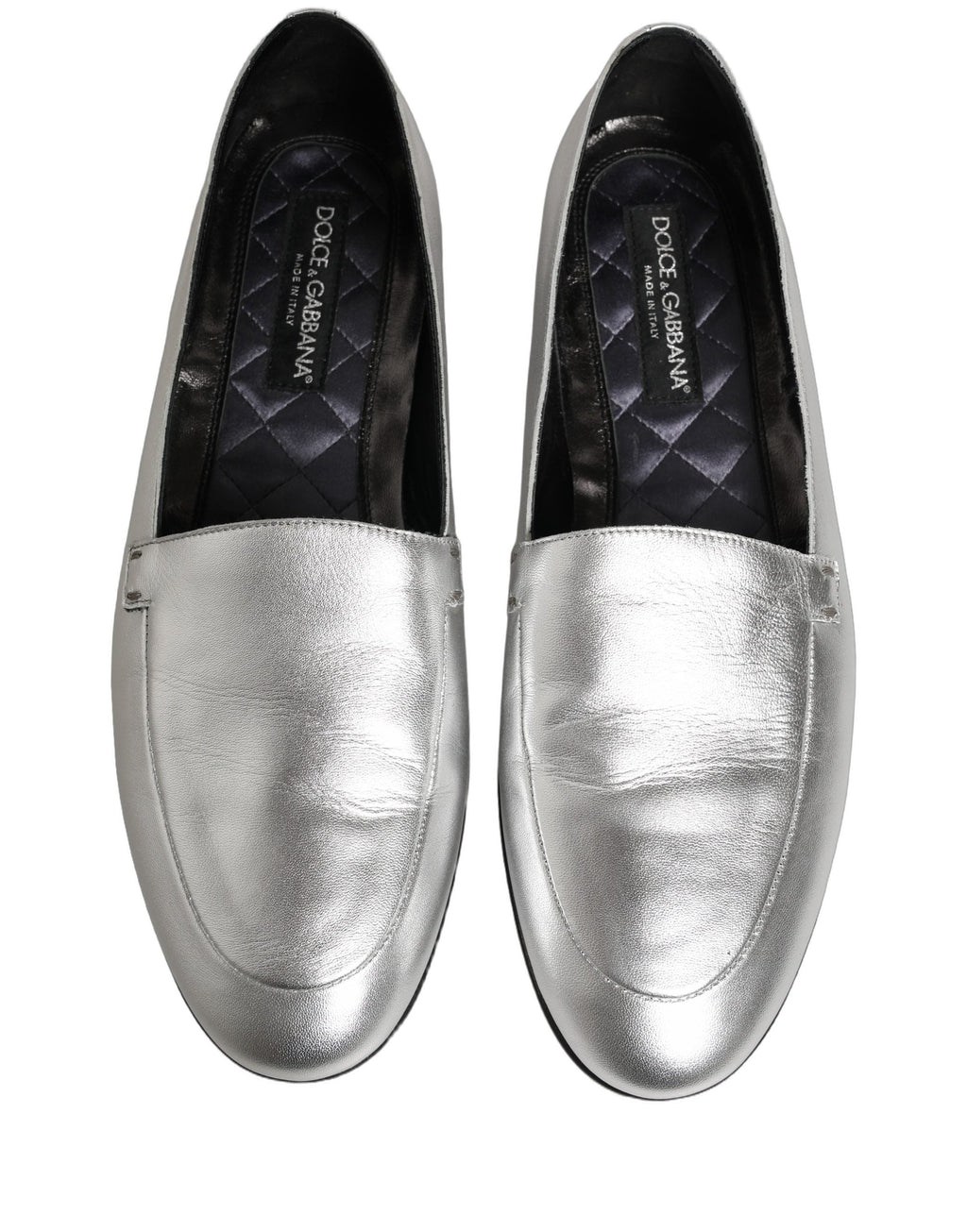Dolce & Gabbana Silver Leather DG Logo Slip On Loafers Shoes