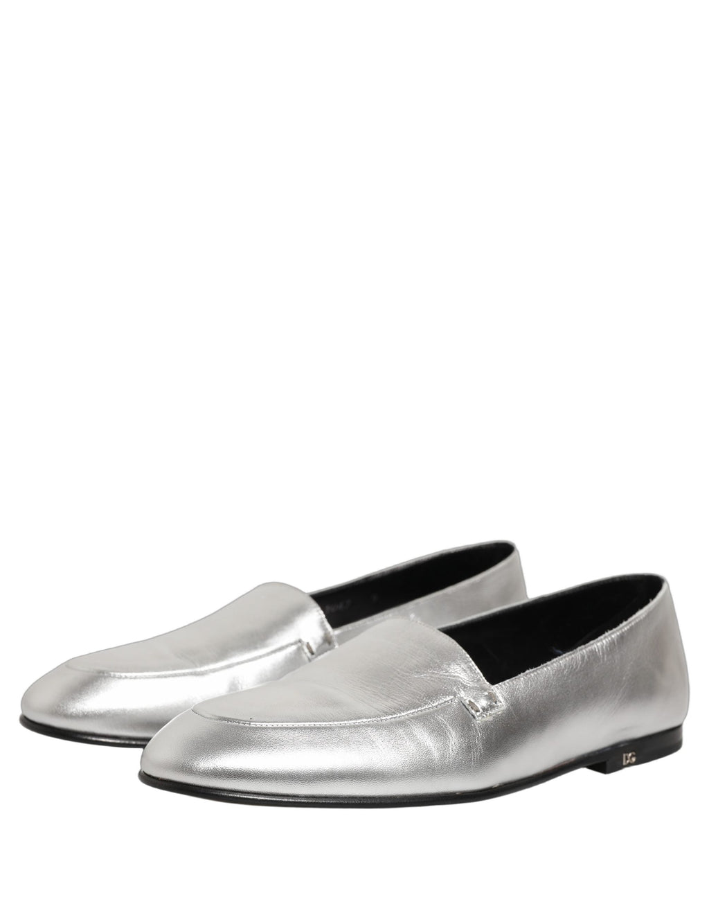 Dolce & Gabbana Silver Leather DG Logo Slip On Loafers Shoes