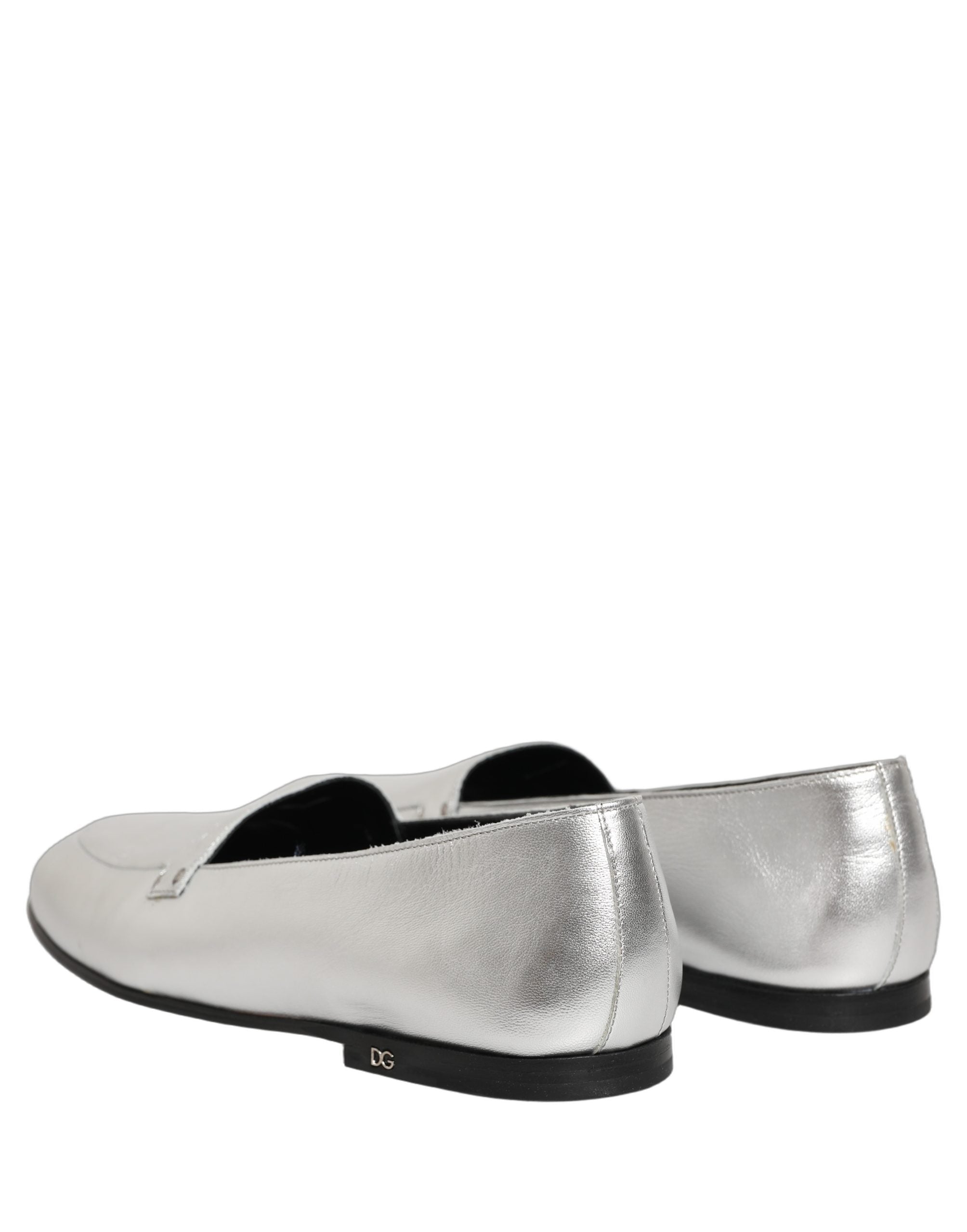 Dolce & Gabbana Silver Leather DG Logo Slip On Loafers Shoes